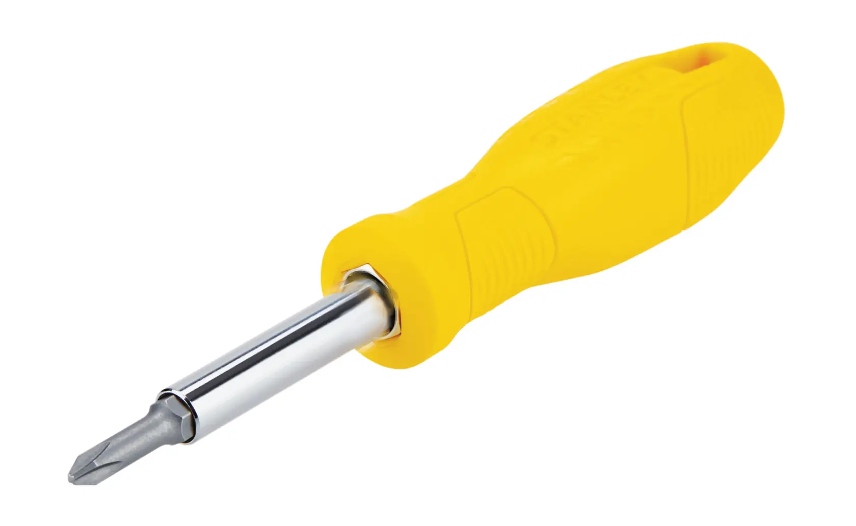Stanley Phillips screwdriver with yellow ergonomic handle, angled on white background
