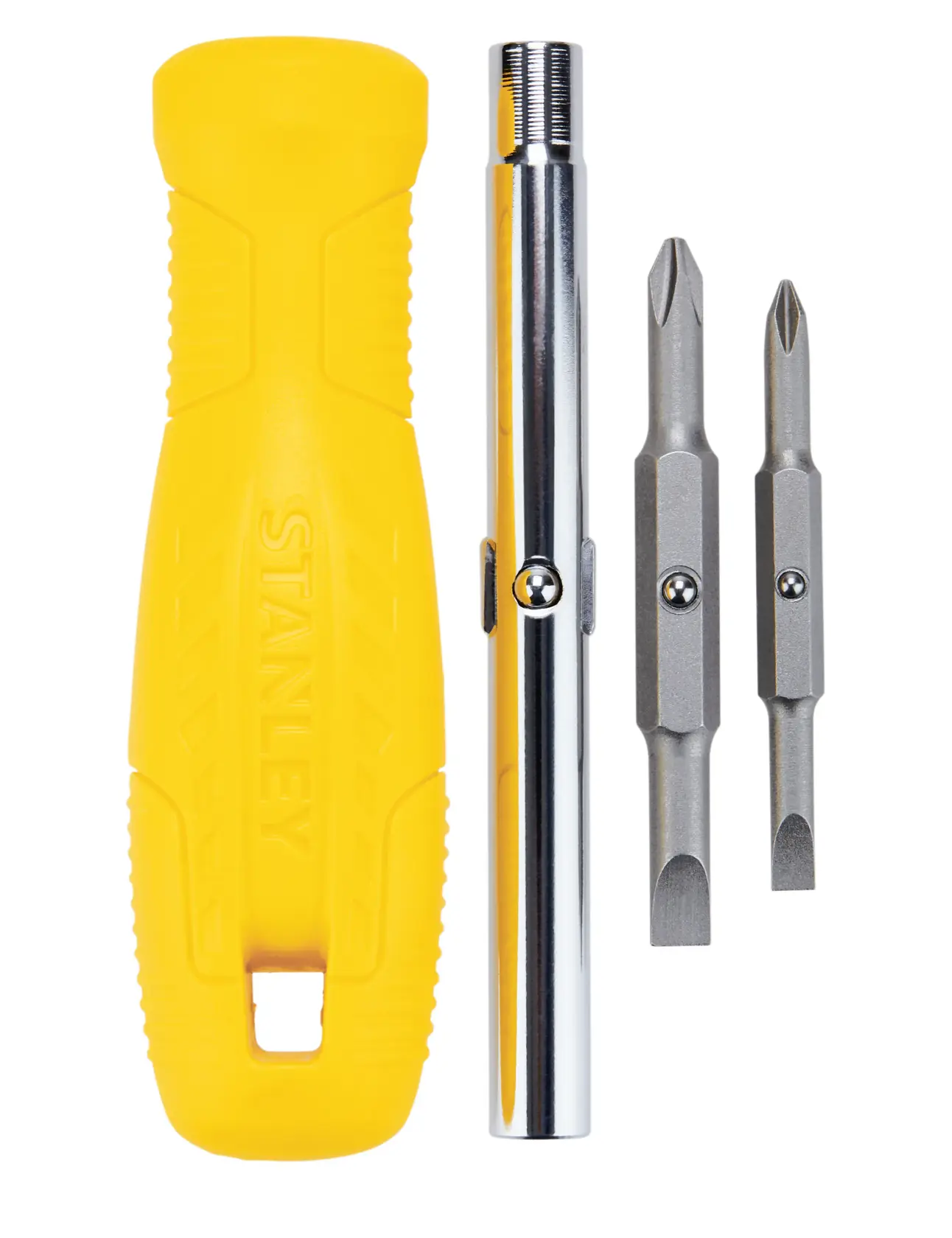 Stanley multi-bit screwdriver set front view with yellow handle, metal shaft, and two double-ended bits on white background