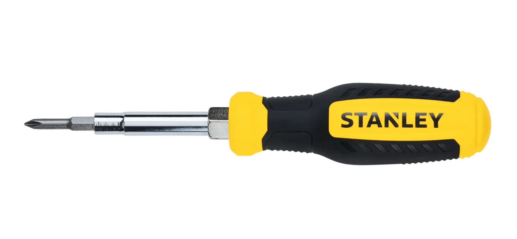 Stanley multi-bit screwdriver with yellow and black handle, side view on white background