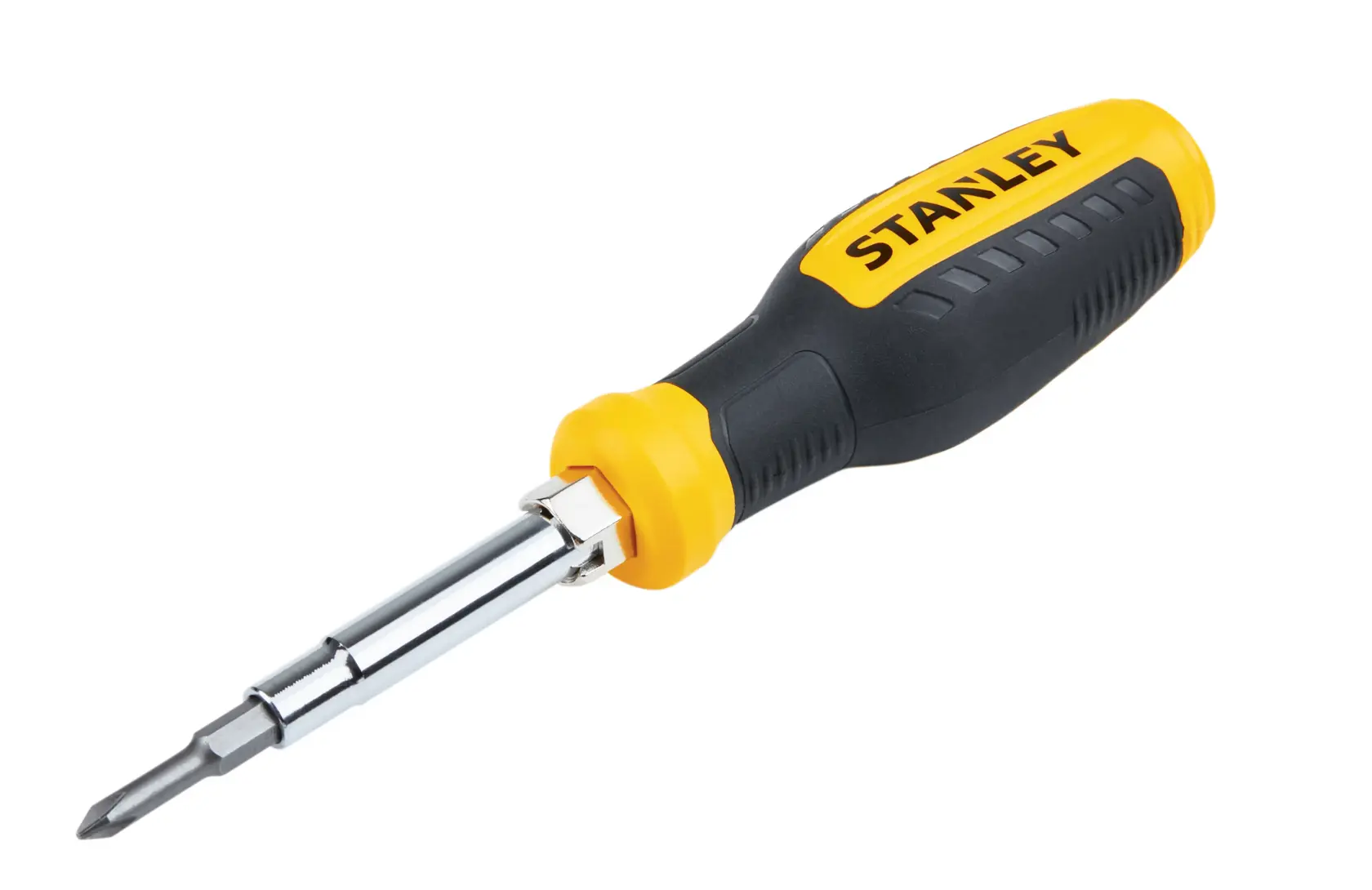 Stanley multi-bit screwdriver with black and yellow handle, chrome shaft, and interchangeable bit, angled view.