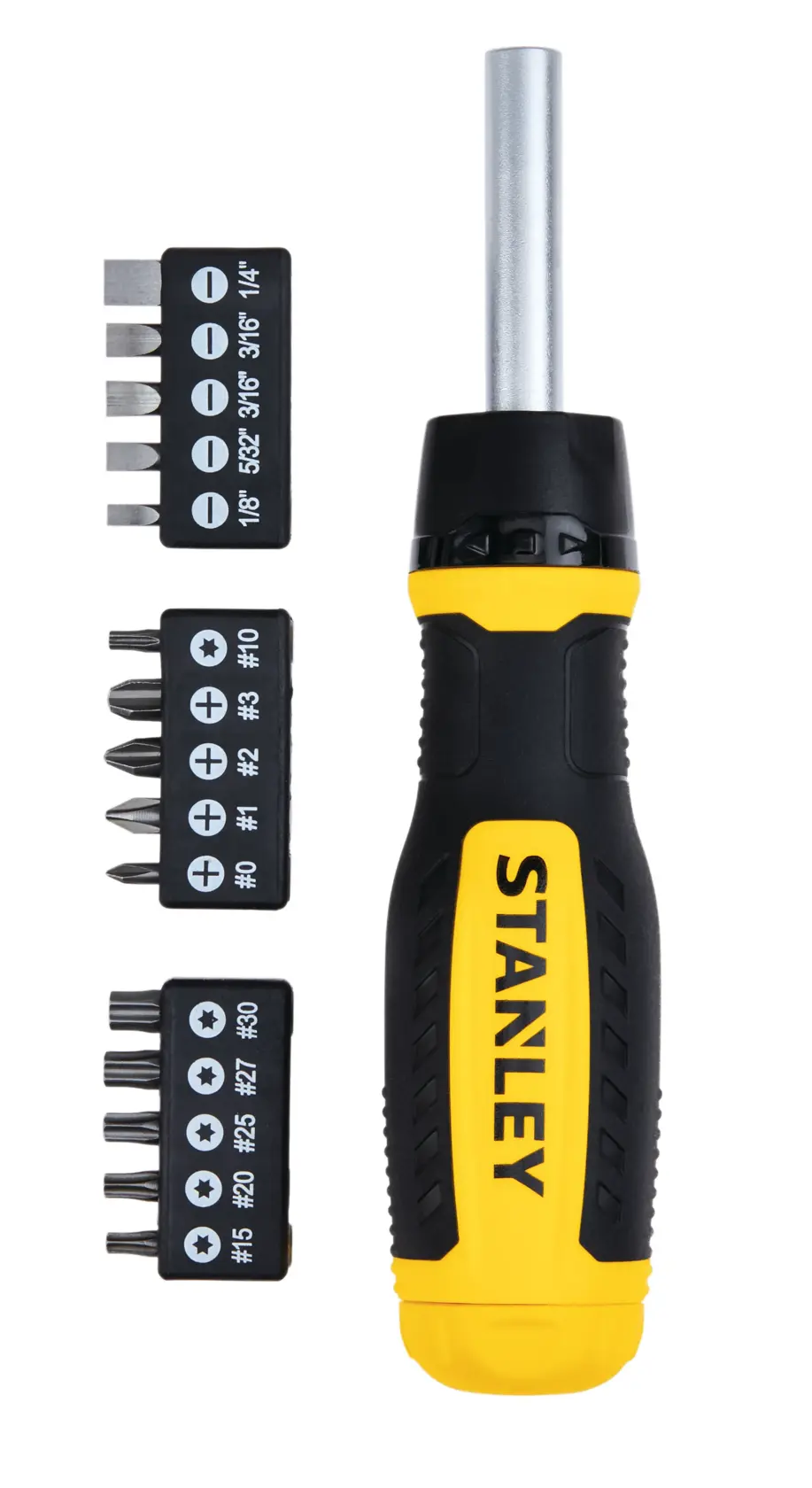 Stanley screwdriver set with yellow and black handle, three bit holders, flat lay, white background