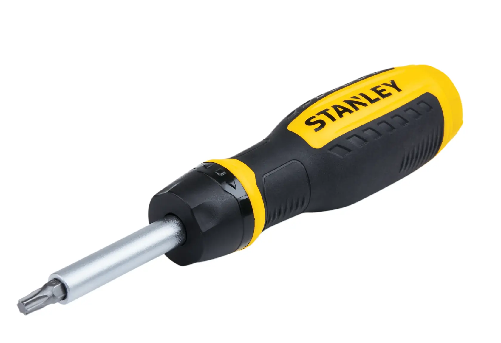 Stanley ratcheting screwdriver angled on white background, yellow and black ergonomic handle, metal shaft