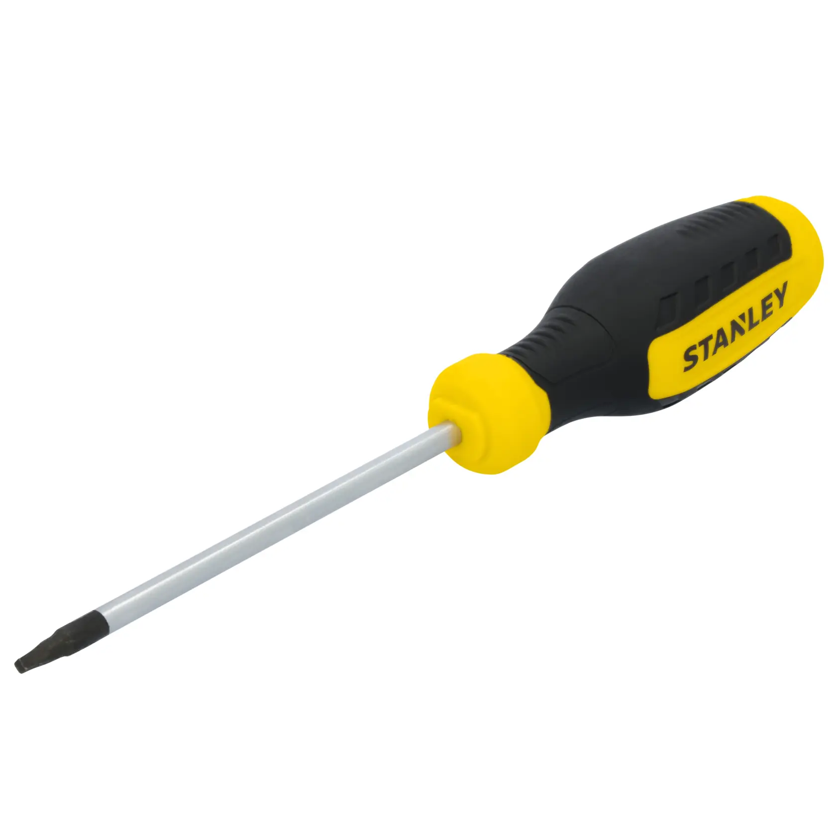 STANLEY STHT60811 screwdriver with yellow and black handle, side angle photo, white background.