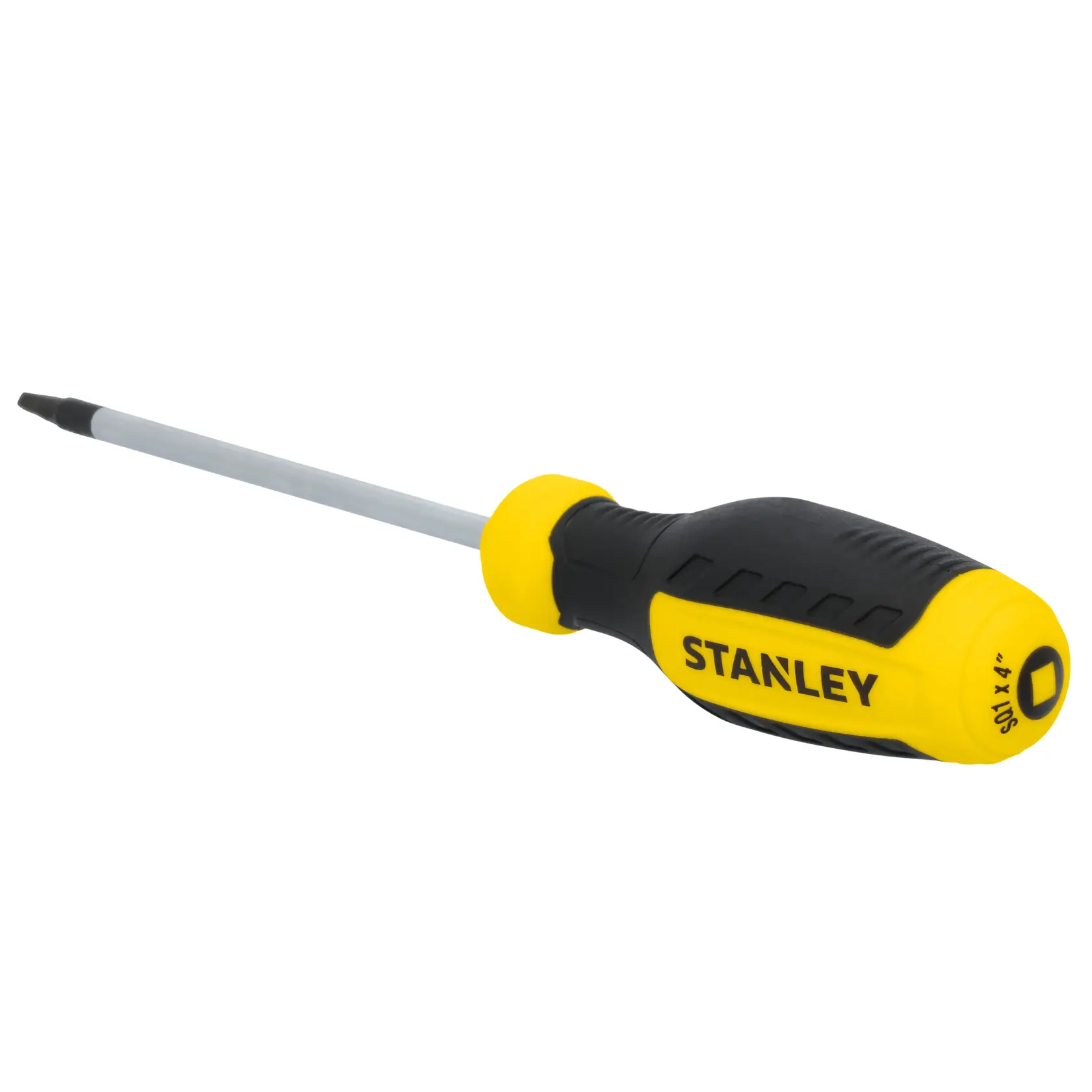 Stanley STHT60811 screwdriver with yellow and black handle, side angle on white background.