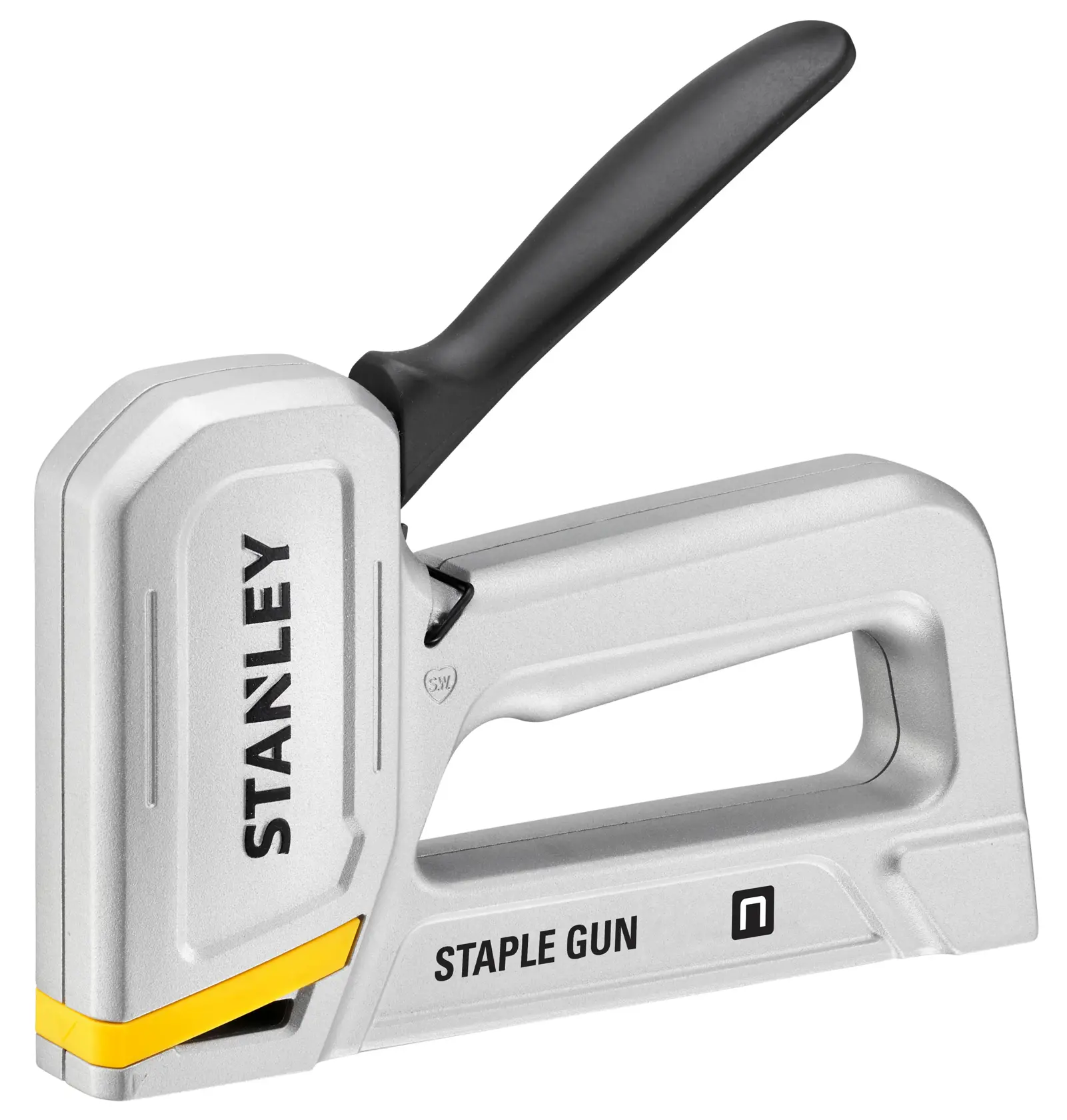 STANLEY STHT70150 staple gun, silver with black handle, front side angle on white background.