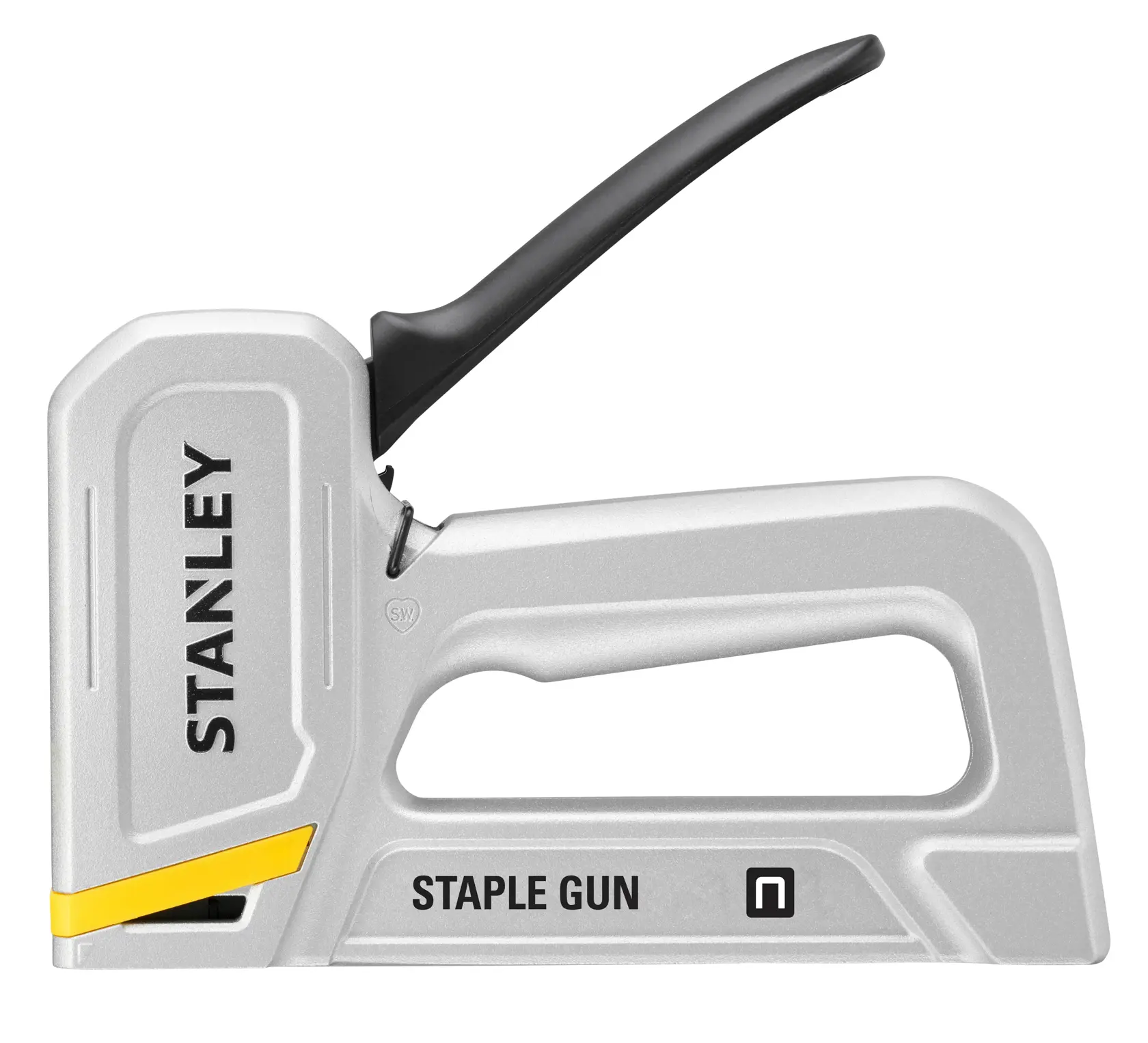 Photo of STANLEY STHT70150 silver staple gun, left side view, black handle, yellow accent.