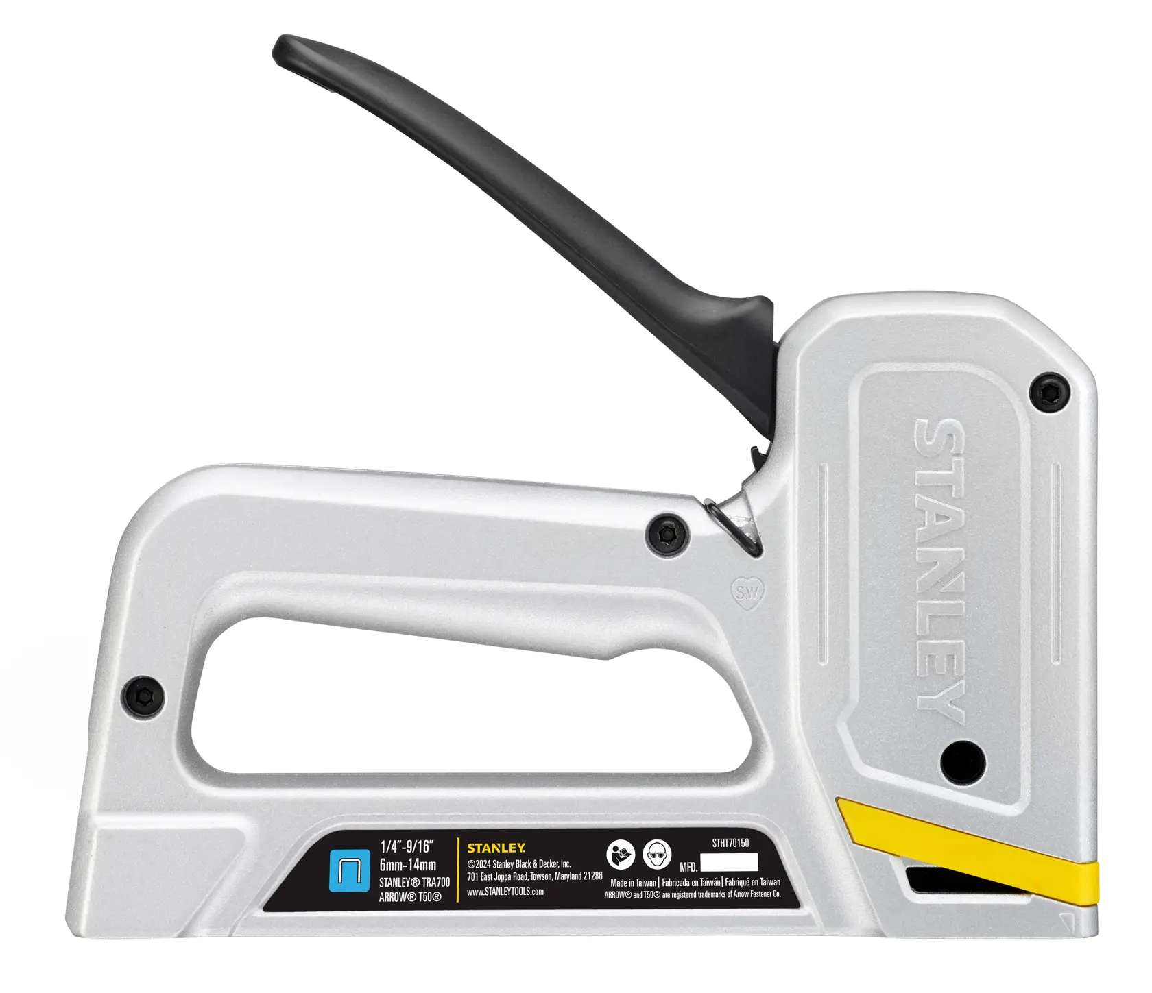 STANLEY STHT70150 silver staple gun in side view on white background, black and yellow detail.