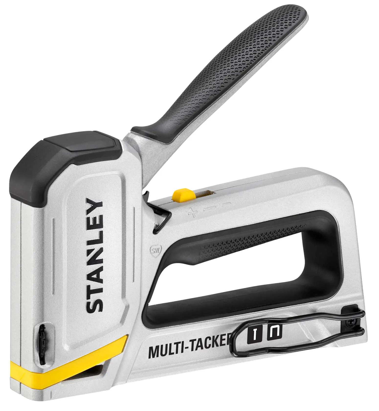 STANLEY STHT70250 multi-tacker, silver and black, side angle, ergonomic handle, photography on white background.