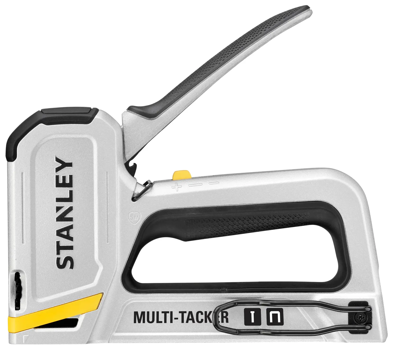 STANLEY STHT70250 silver and black multi-tacker stapler side view on white background.