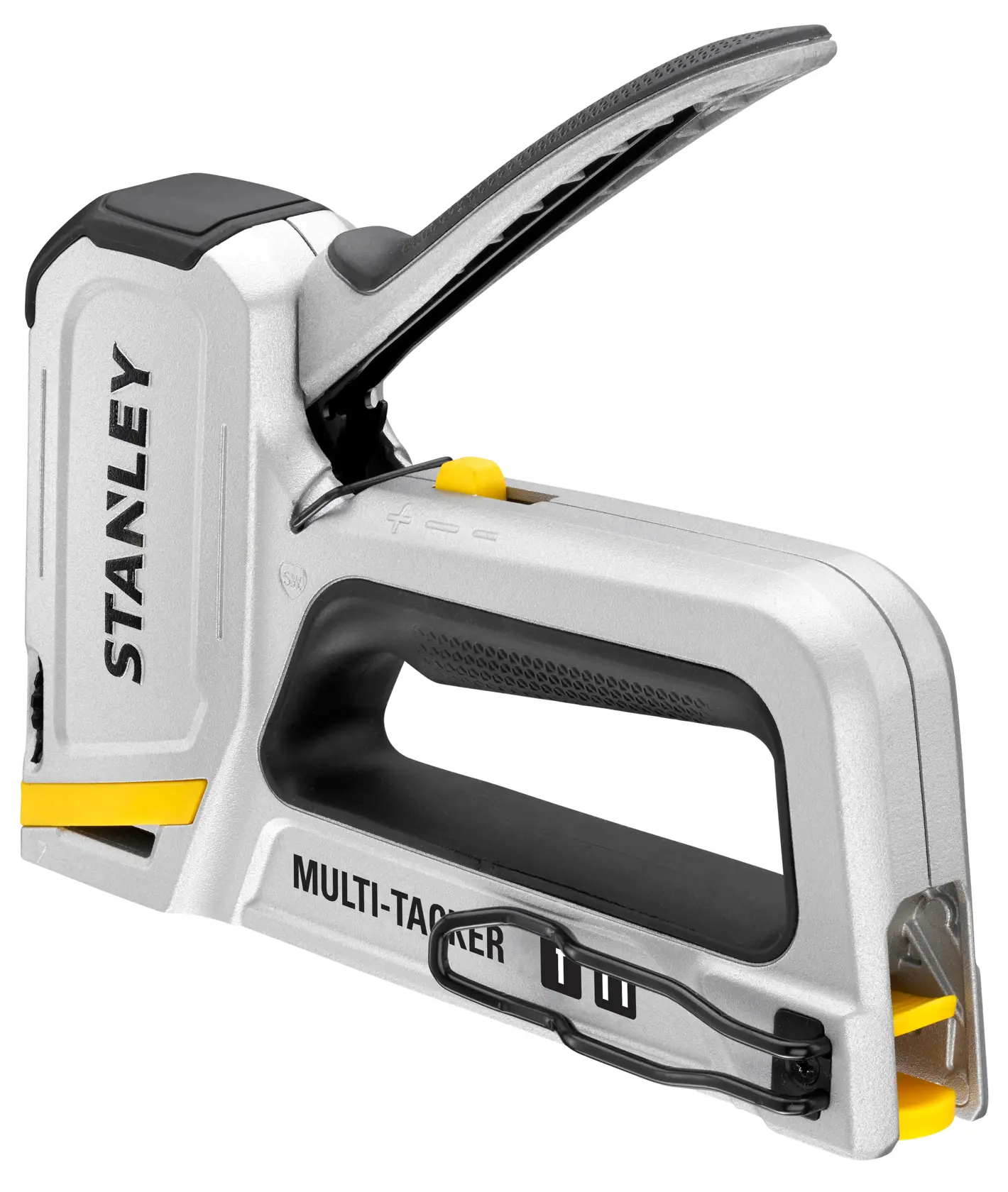 STANLEY STHT70250 multi-tacker tool, angled side view, silver and black body with yellow accents.