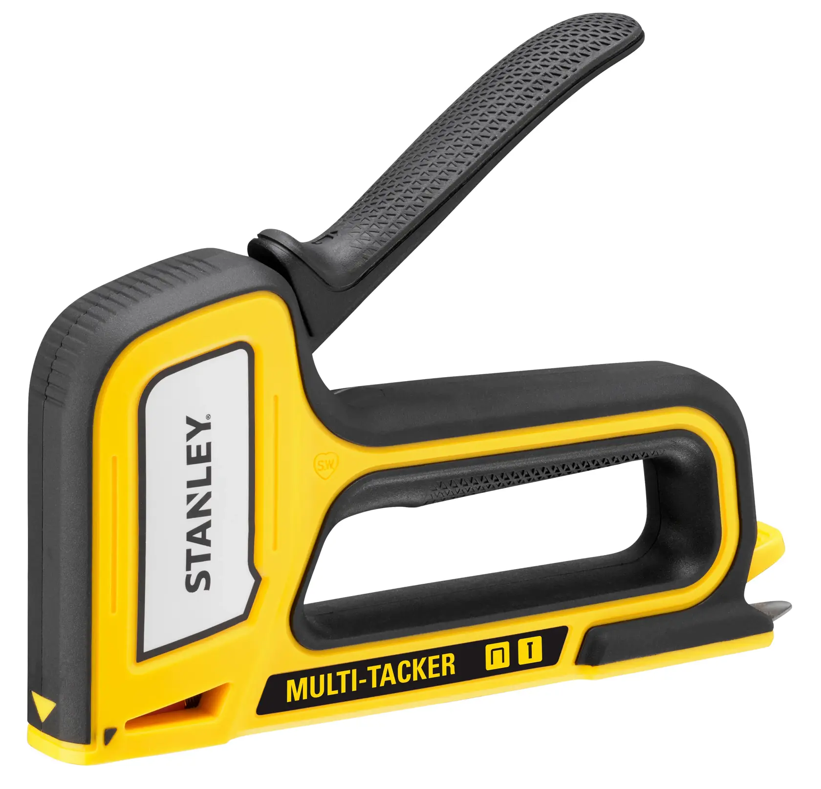 Photo of STANLEY STHT70440 multi-tacker stapler, yellow and black, side angle, tool category.