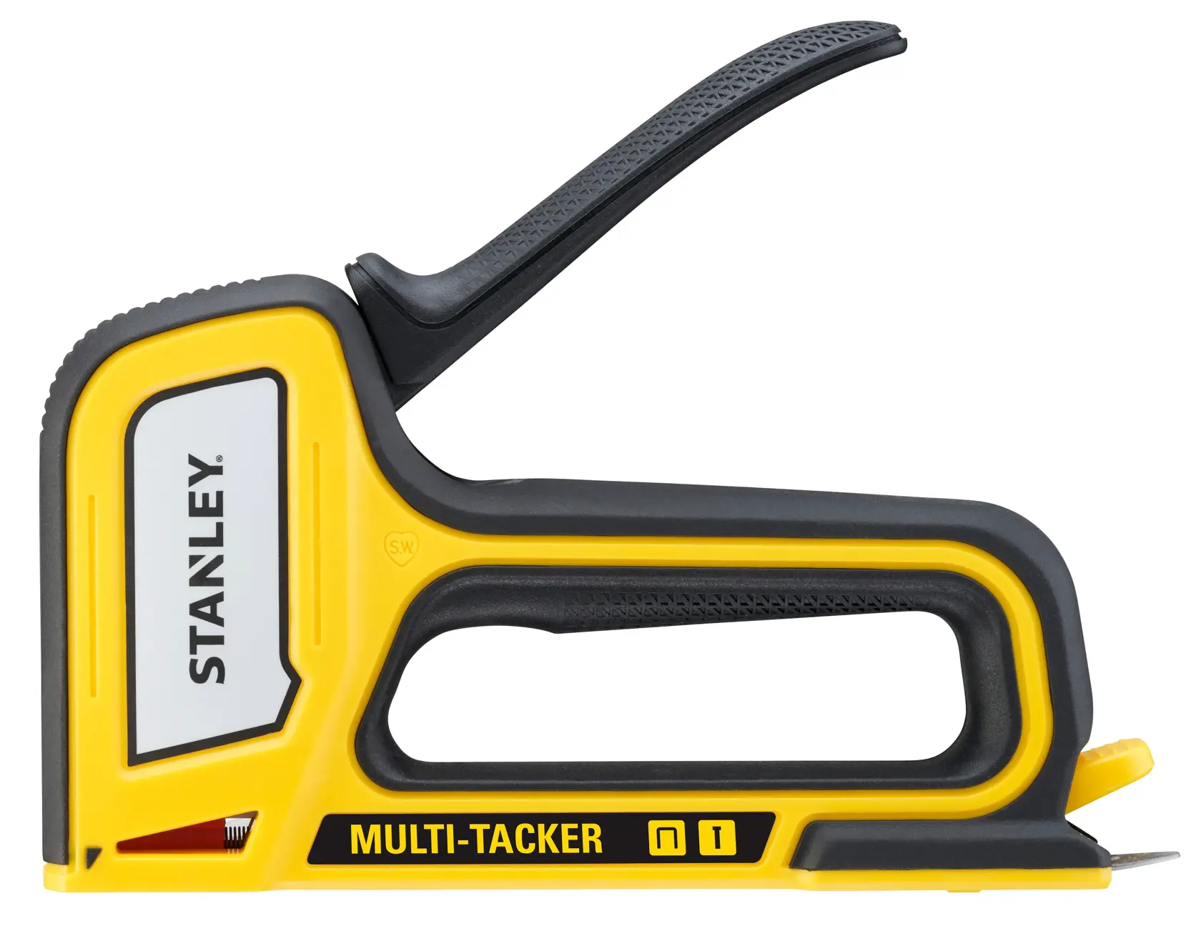 STANLEY STHT70440 multi-tacker, yellow and black hand tool, side angle on white background.