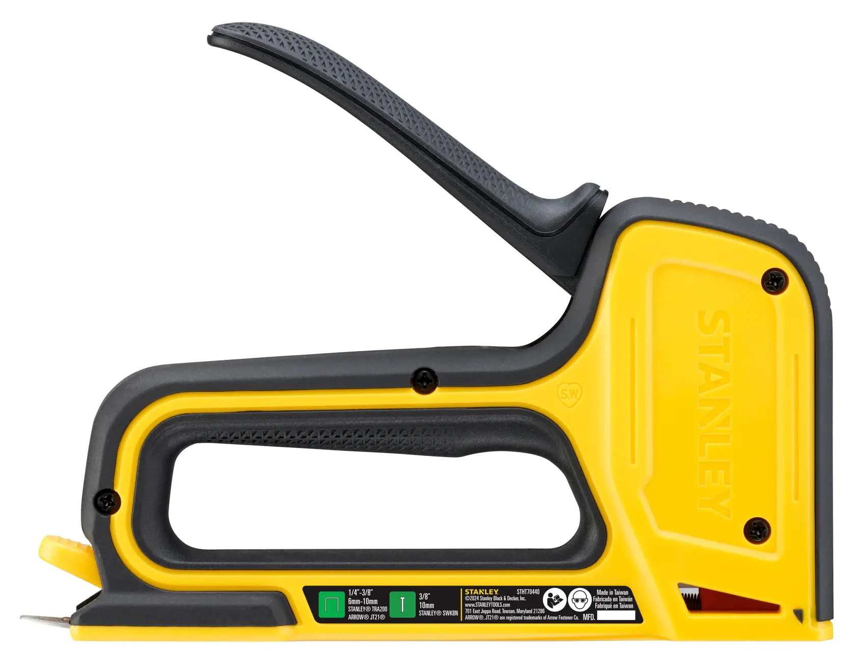STANLEY STHT70440 yellow and black hand stapler, side angle, with ergonomic handle and visible labeling.