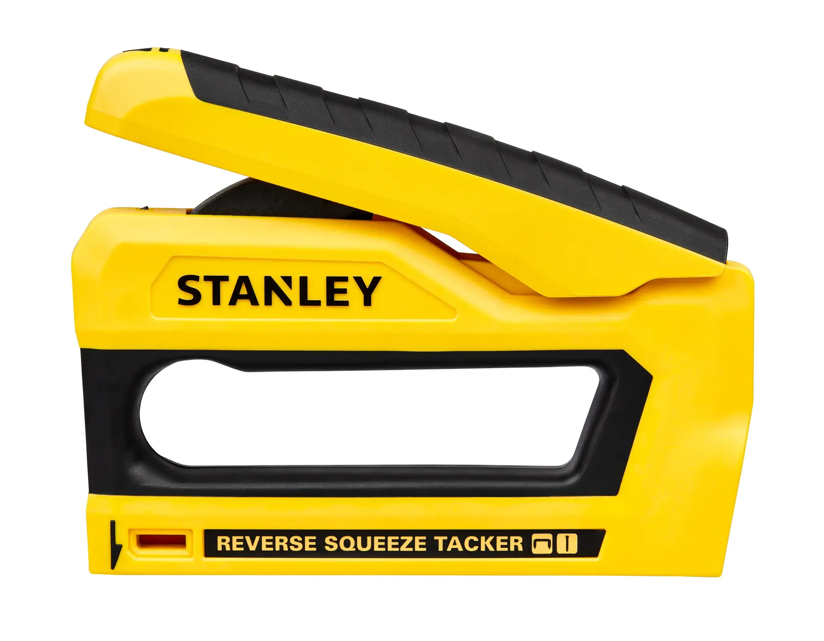 STANLEY STHT82551 reverse squeeze tacker, yellow and black, side view on white background.