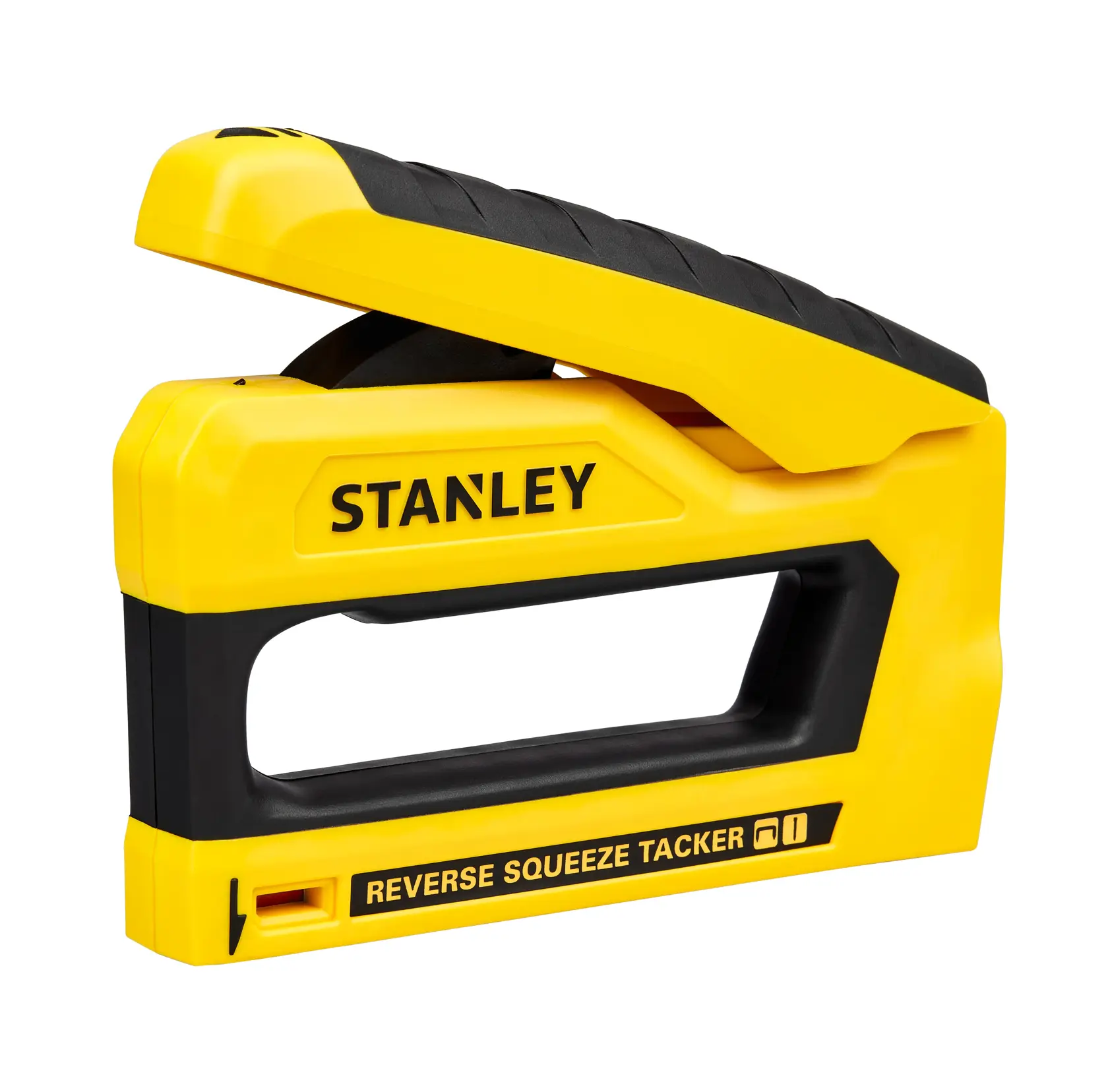 Photo of STANLEY STHT82551 yellow and black reverse squeeze tacker, side angle on white background.