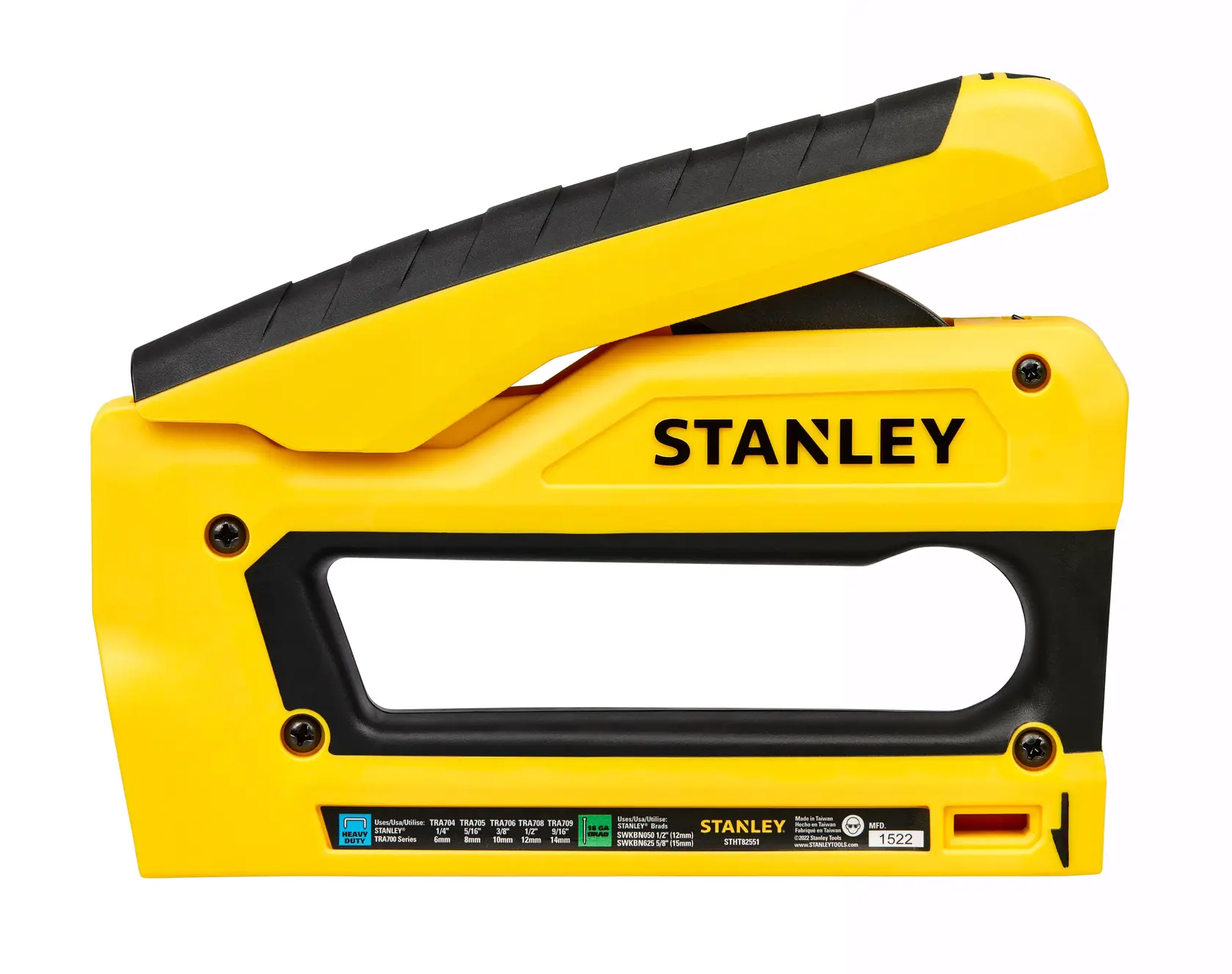 Stanley STHT82551 yellow and black hand stapler side view on white background.