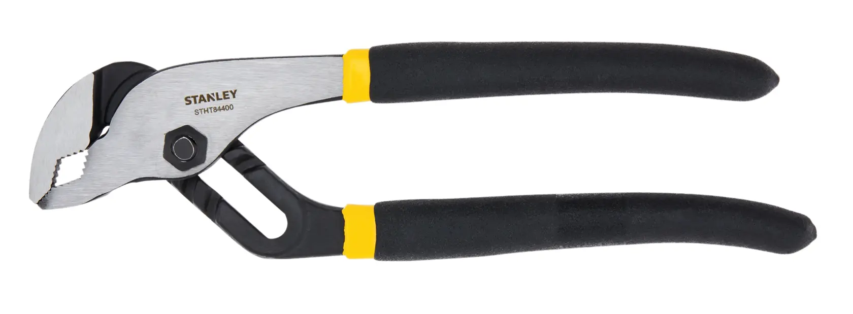Stanley adjustable groove joint pliers, side view, black and yellow handles, white background