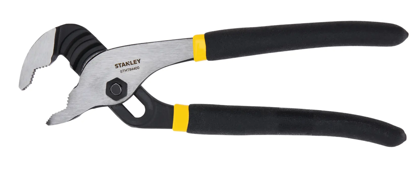 Stanley adjustable groove joint pliers, side view, silver jaws, black and yellow handle, on white background