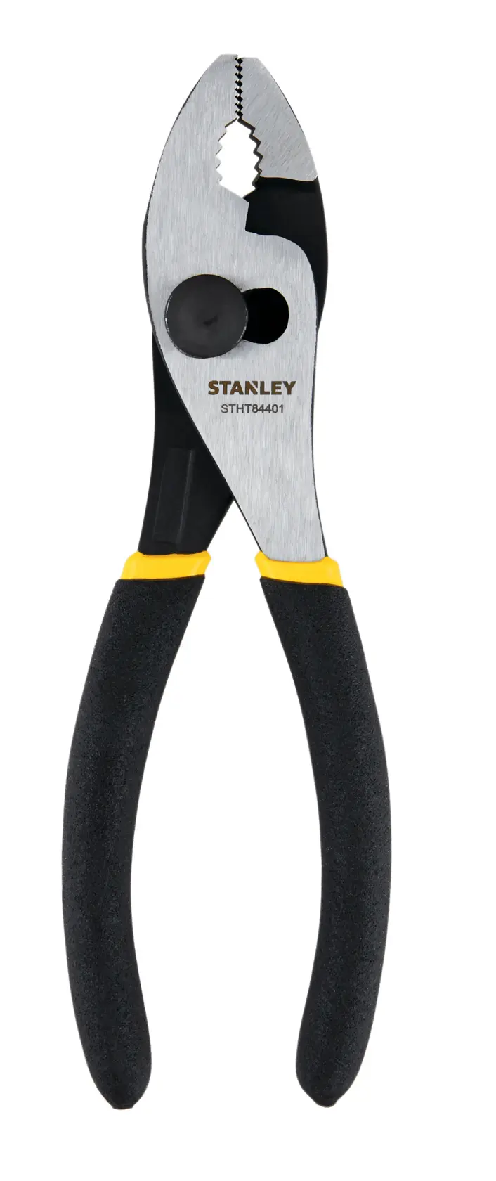 Stanley slip joint pliers with black and yellow handles, front angle on white background