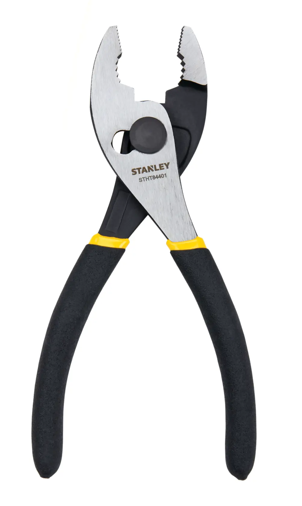 Front view of STANLEY slip joint pliers with black grips and steel jaws, model STHT84041.