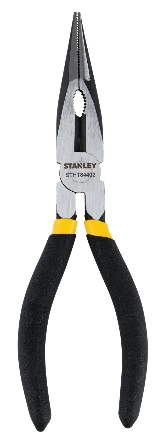 Photo of STANLEY STHT84402 long nose pliers with black and yellow handles, front angle on white background.
