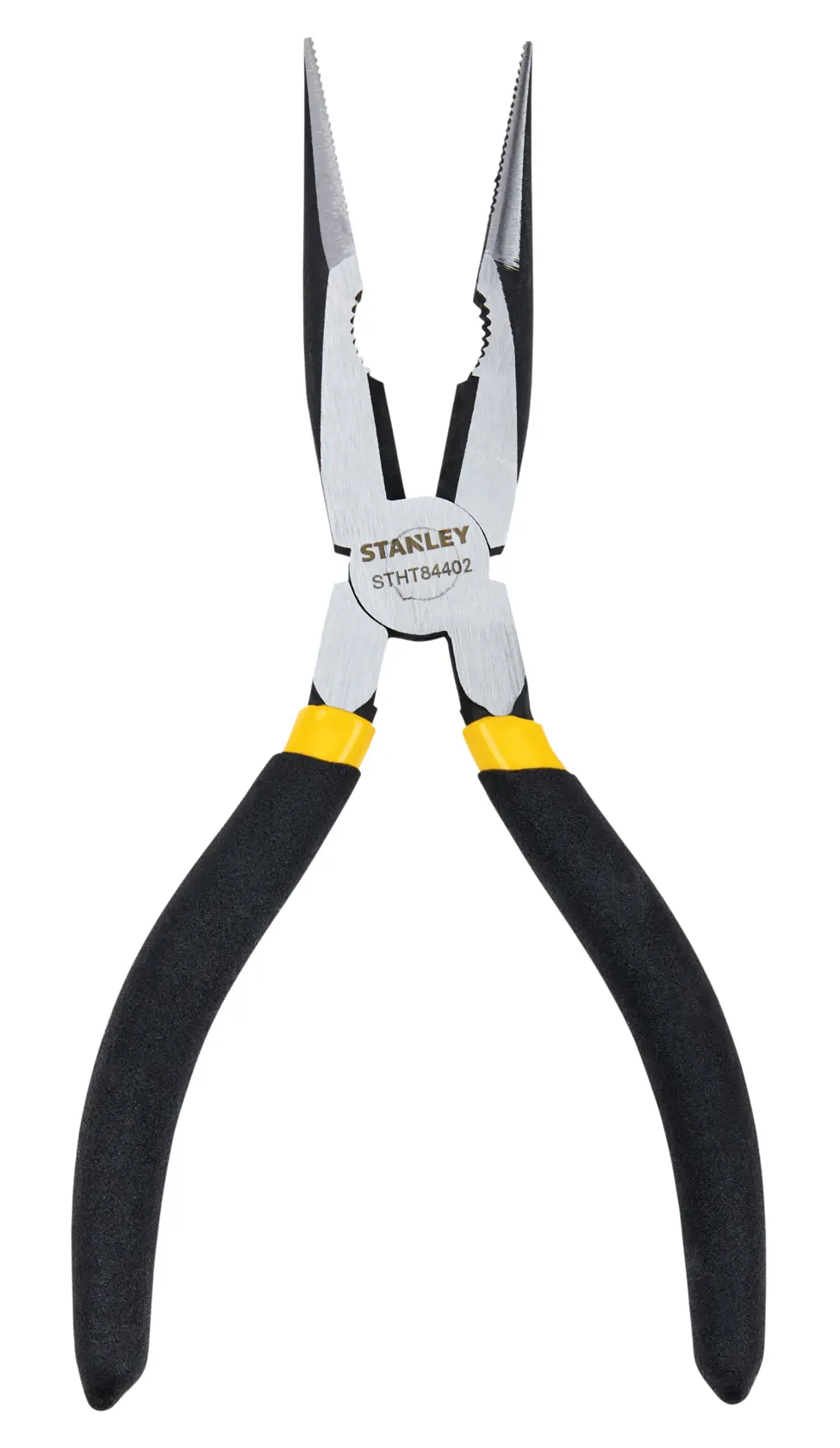 Stanley long nose pliers with black and yellow handles, front view on white background