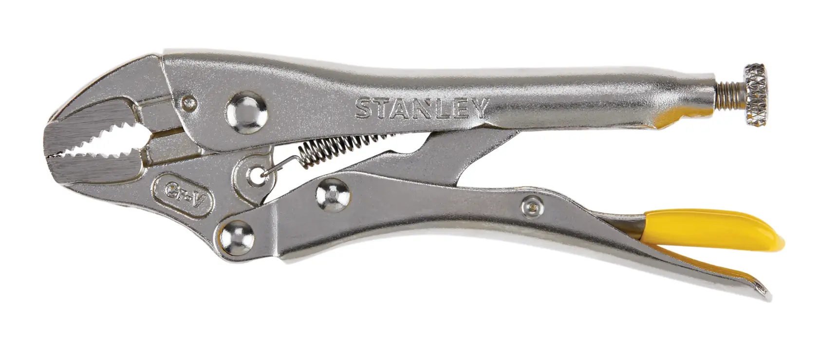 Stanley locking pliers, side angle, silver metal with yellow release lever, on white background