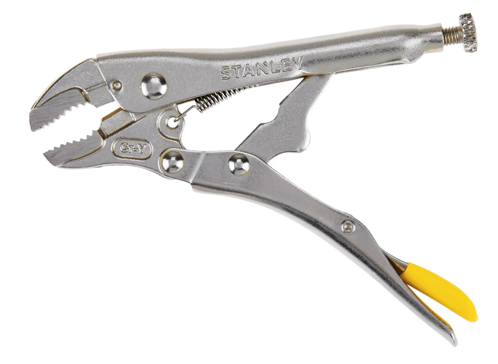 STANLEY locking pliers side view, silver metal with yellow grip handle, knurled adjusting screw, white background