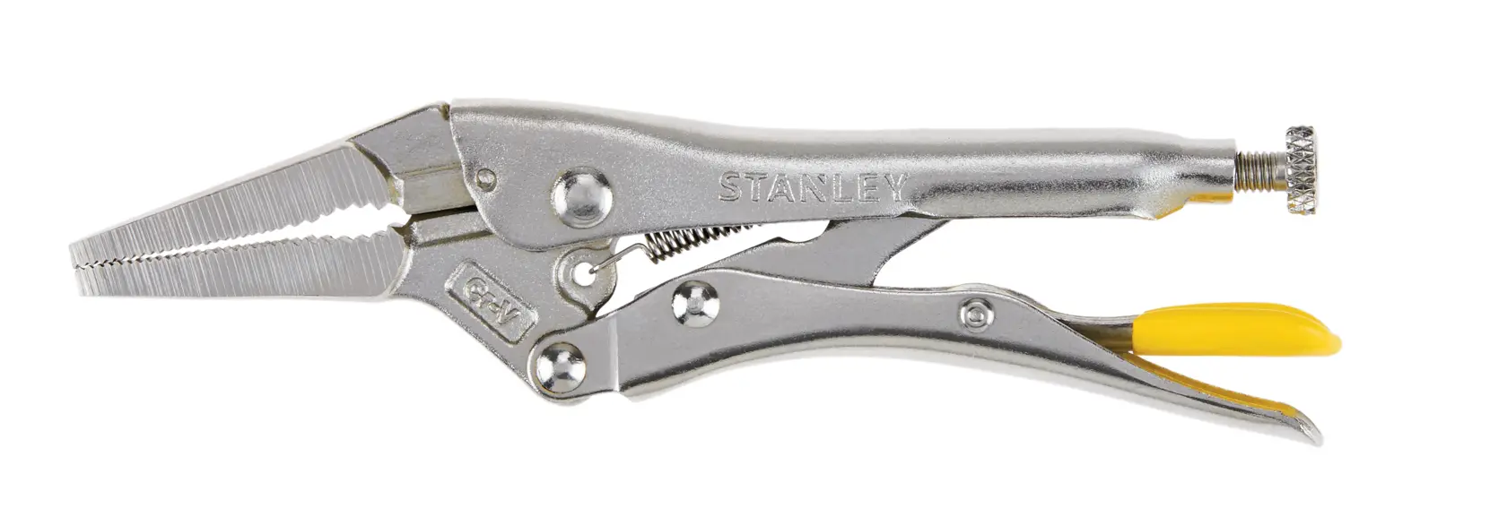 Stanley long nose locking pliers, silver with yellow handle accents, side view on white background