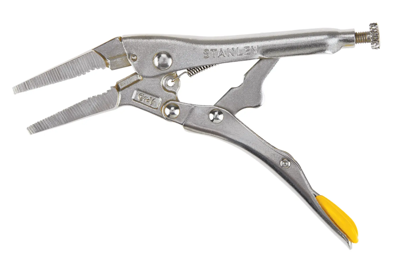 Stanley long nose locking pliers side view, silver metal with yellow handle tip, white background