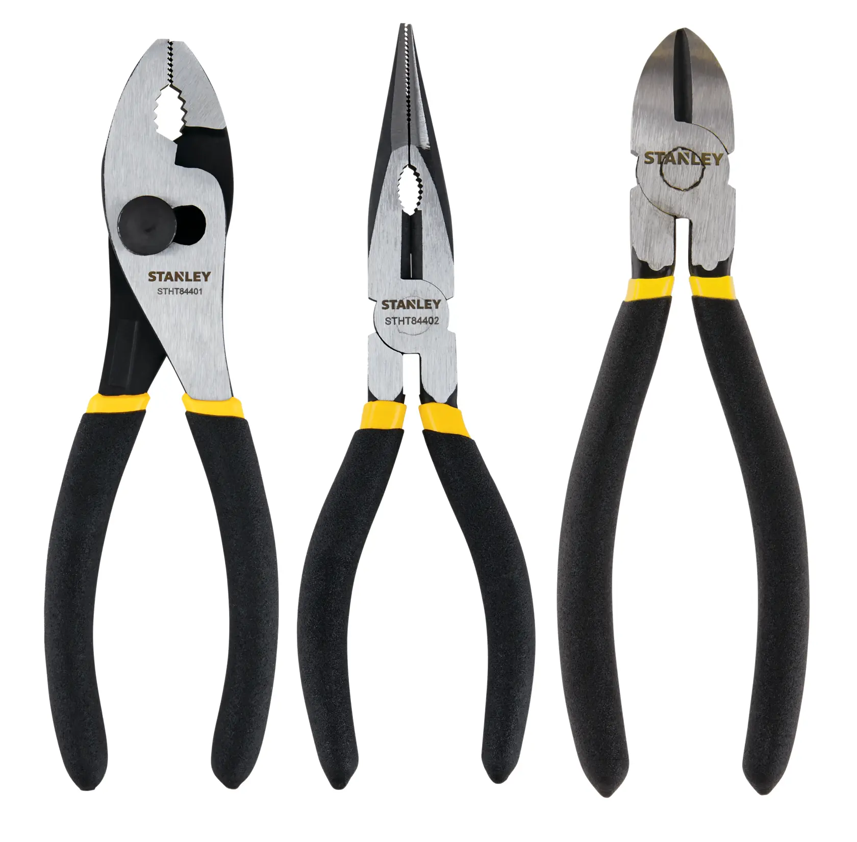 Stanley pliers set front view, three types with black and yellow comfort grip handles on white background