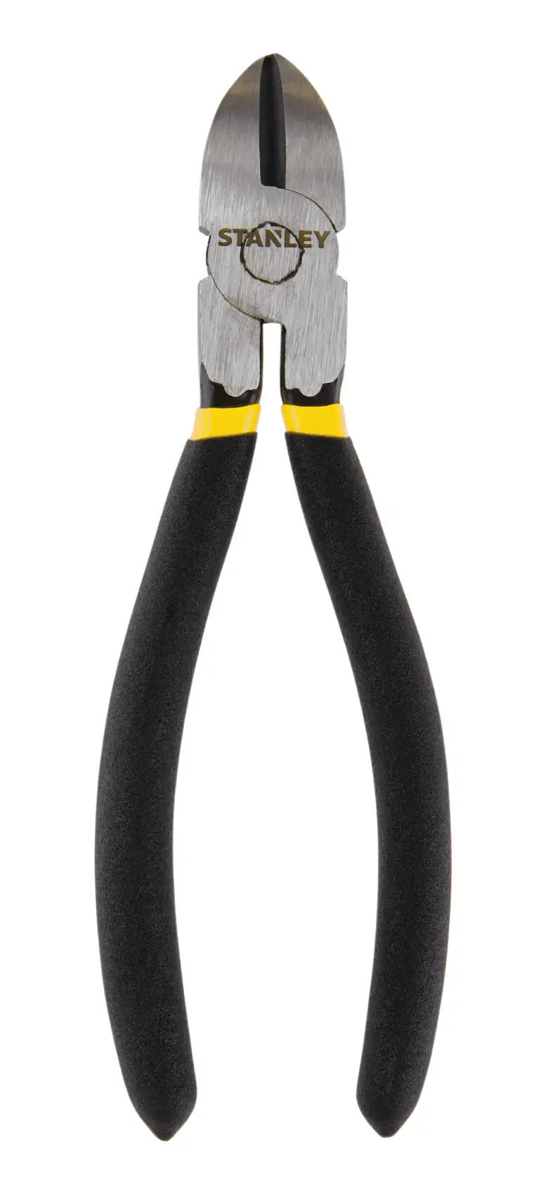 Stanley diagonal cutting pliers front view with black and yellow handles on white background