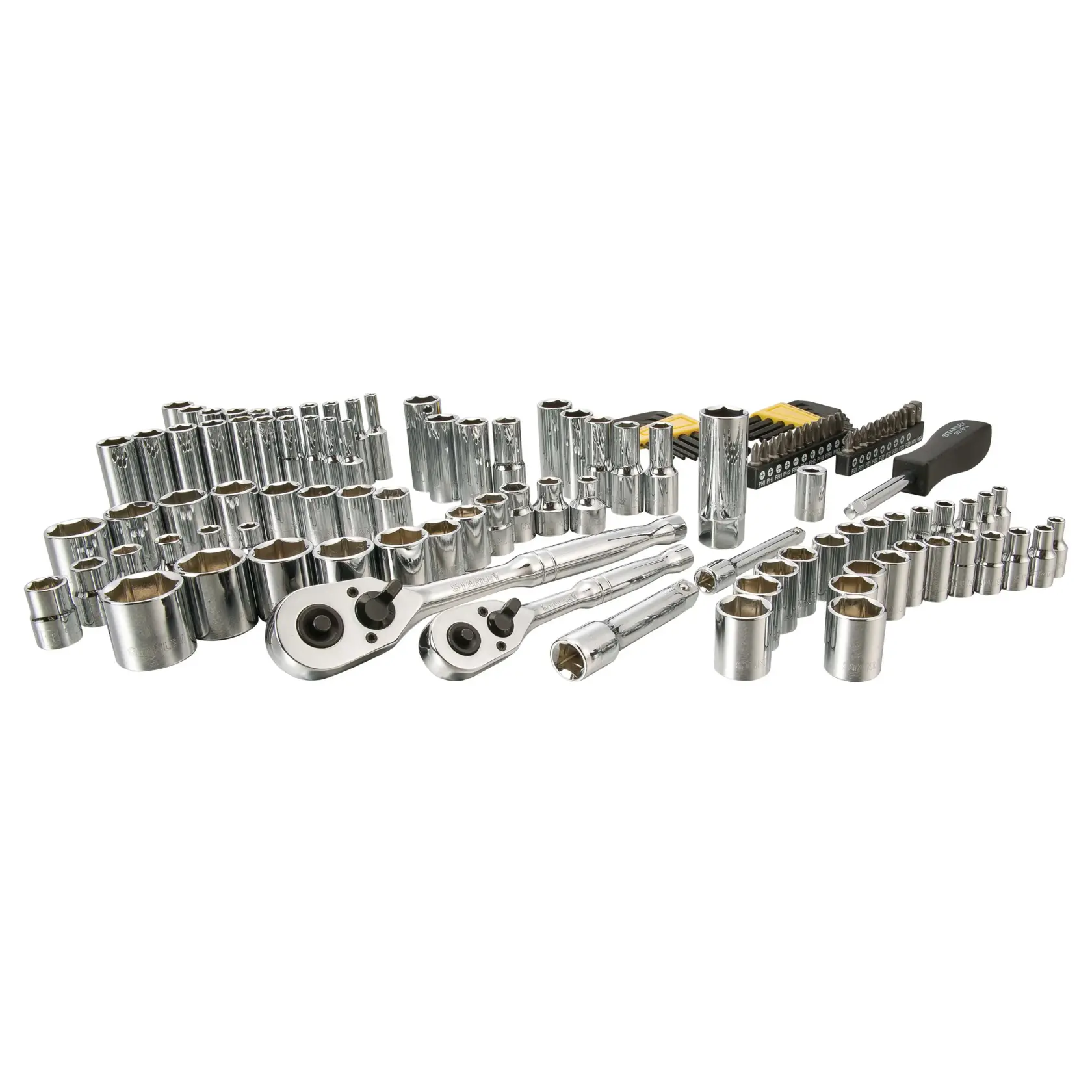 Stanley socket and ratchet set, chrome finish, front angle, includes various sockets, extensions, and screwdriver bits