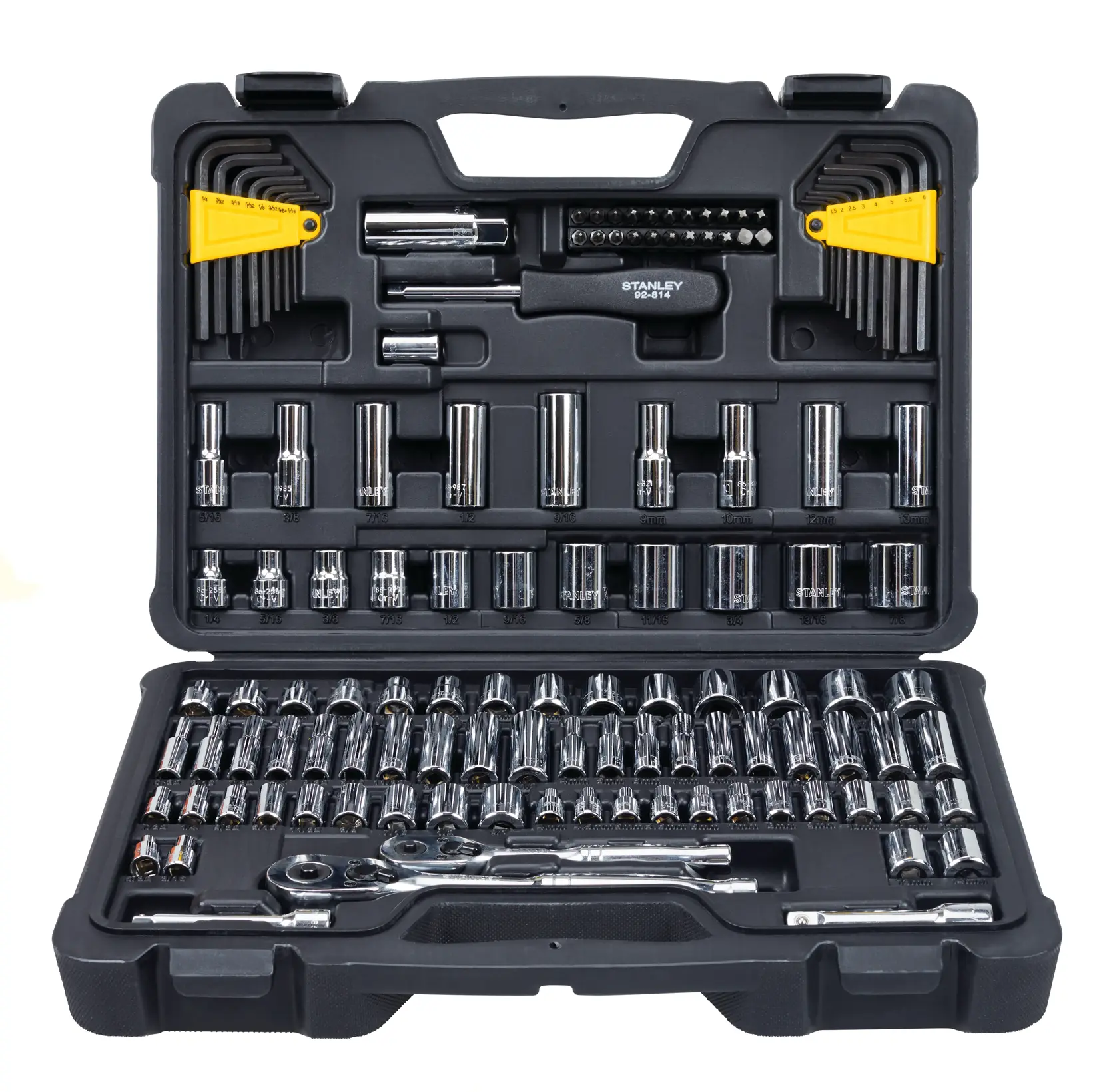 Stanley socket and ratchet set with metric and SAE sockets, hex keys, screwdriver bits in black plastic case, front angle.