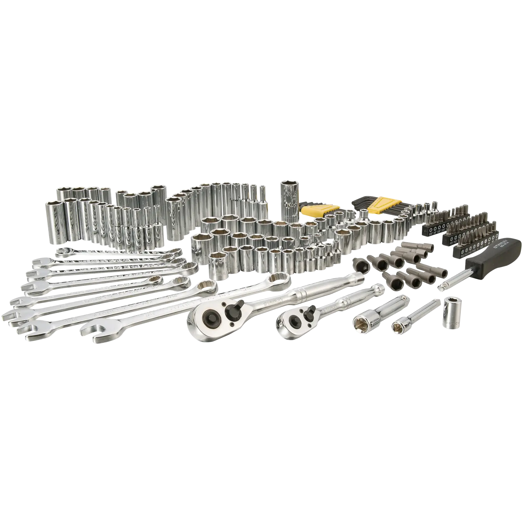 Stanley chrome mechanic tool set, angled view, includes wrenches, ratchets, sockets, driver and bits