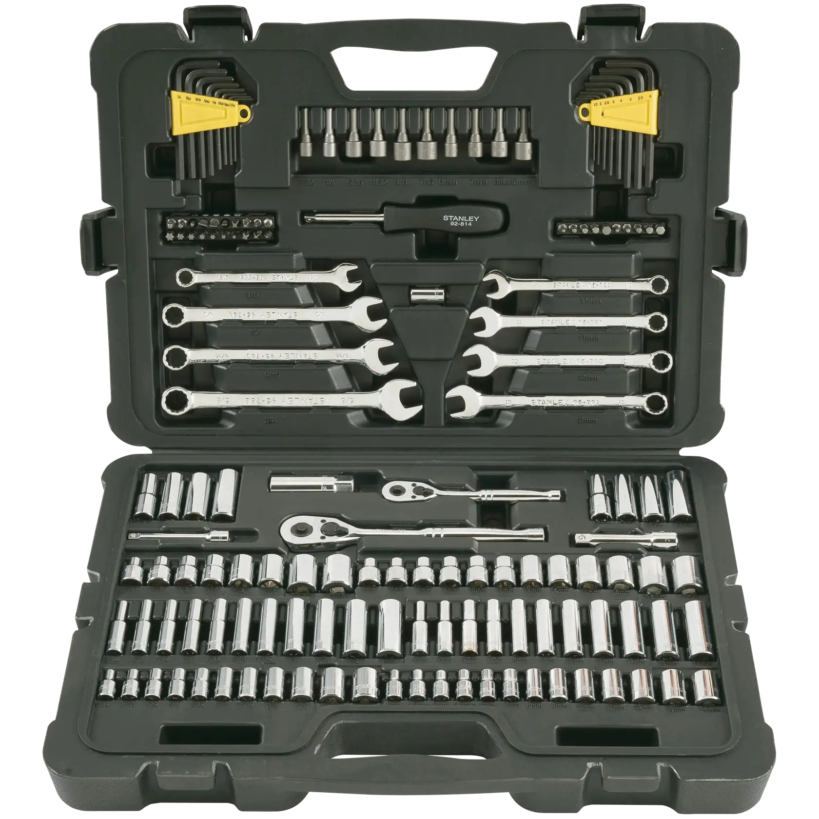 Stanley mechanic tool set in black case, top-down angle, includes sockets, wrenches, ratchets, hex keys and bits.