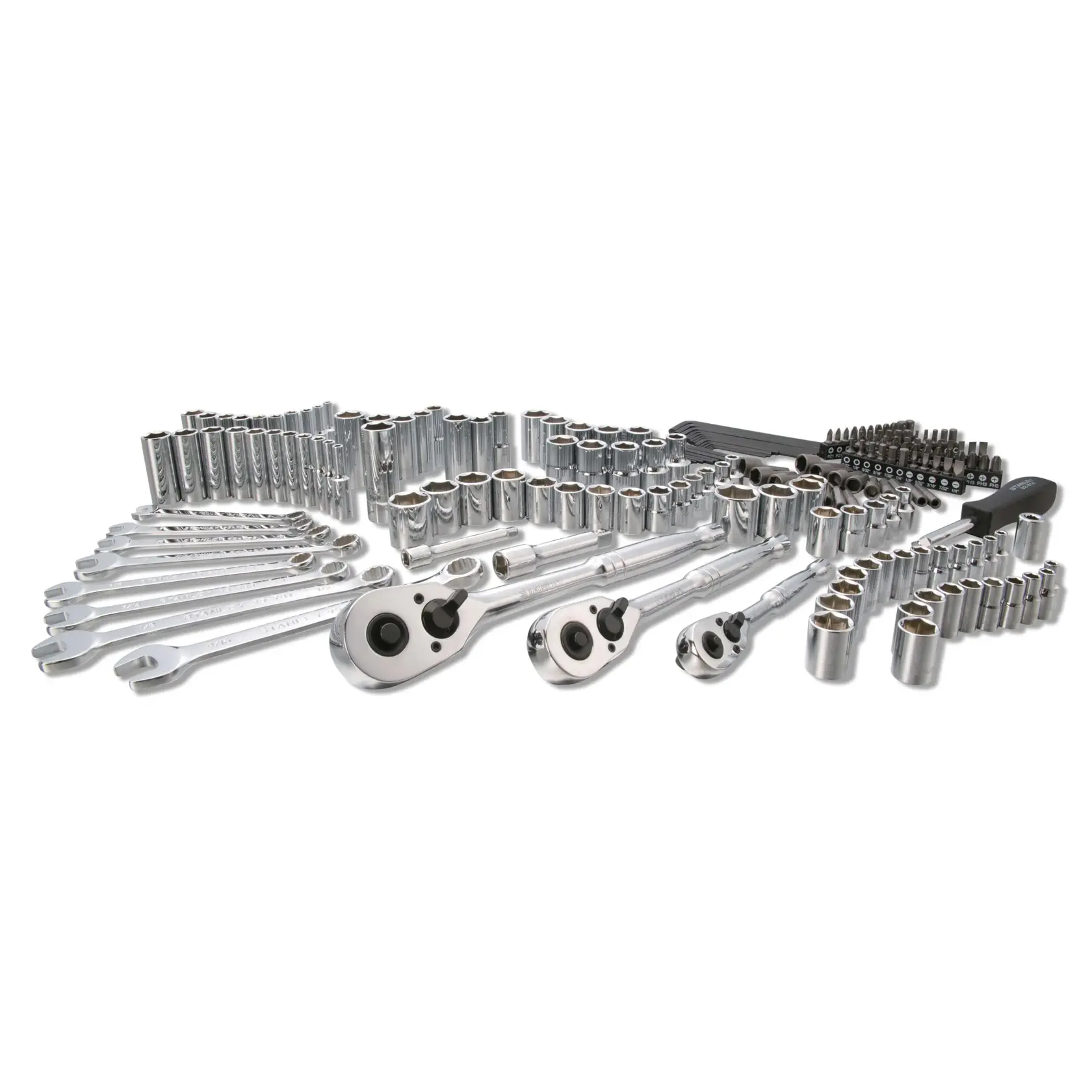 Stanley silver socket wrench and ratchet set, front angle, includes various sockets and accessories