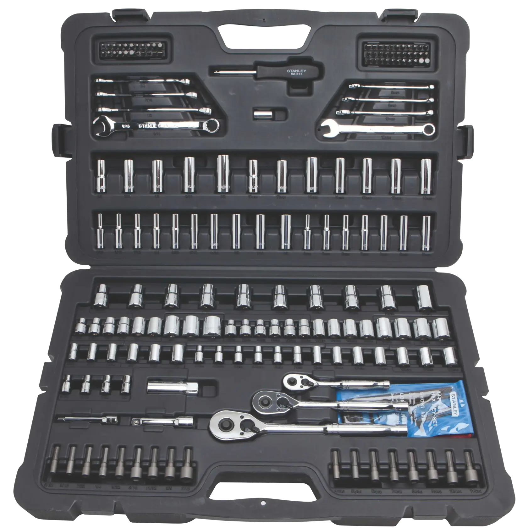 Stanley socket and wrench set in black plastic case, top-down angle, includes ratchets and multiple bits