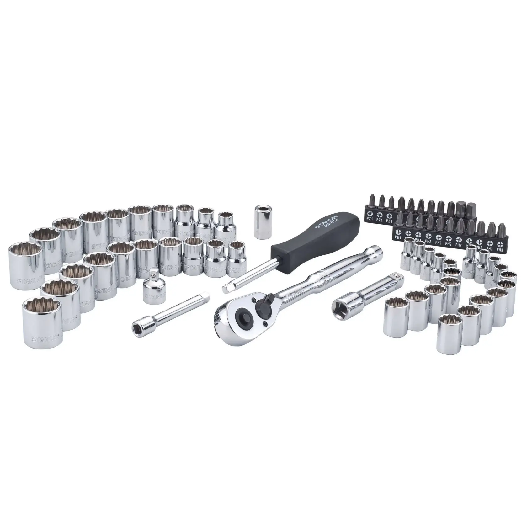 Stanley® socket and ratchet set, front angle, chrome sockets, screwdriver bits and black handle on white background