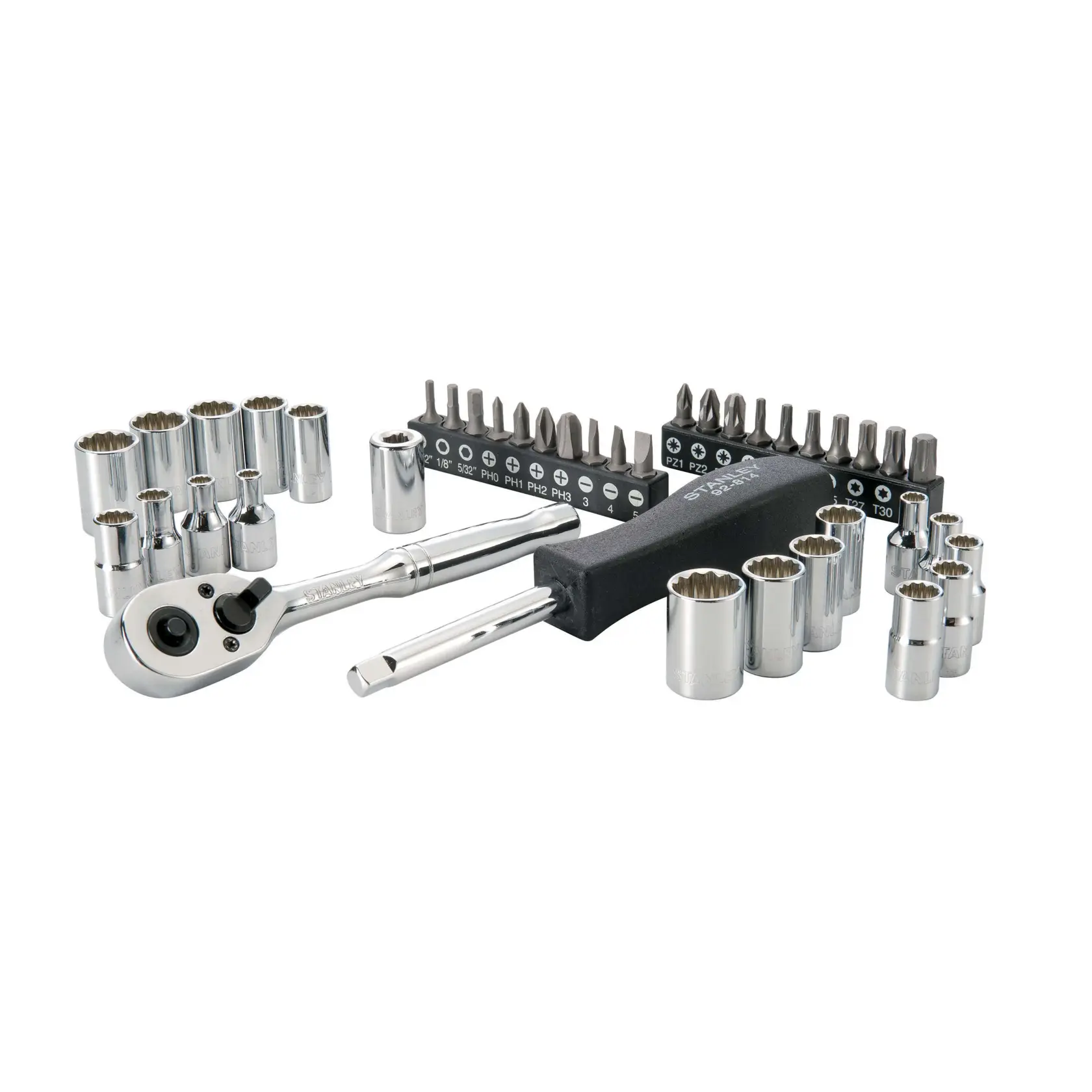 Stanley socket and bit set, chrome ratchet, sockets, extension bar, and screwdriver, front angle, white background