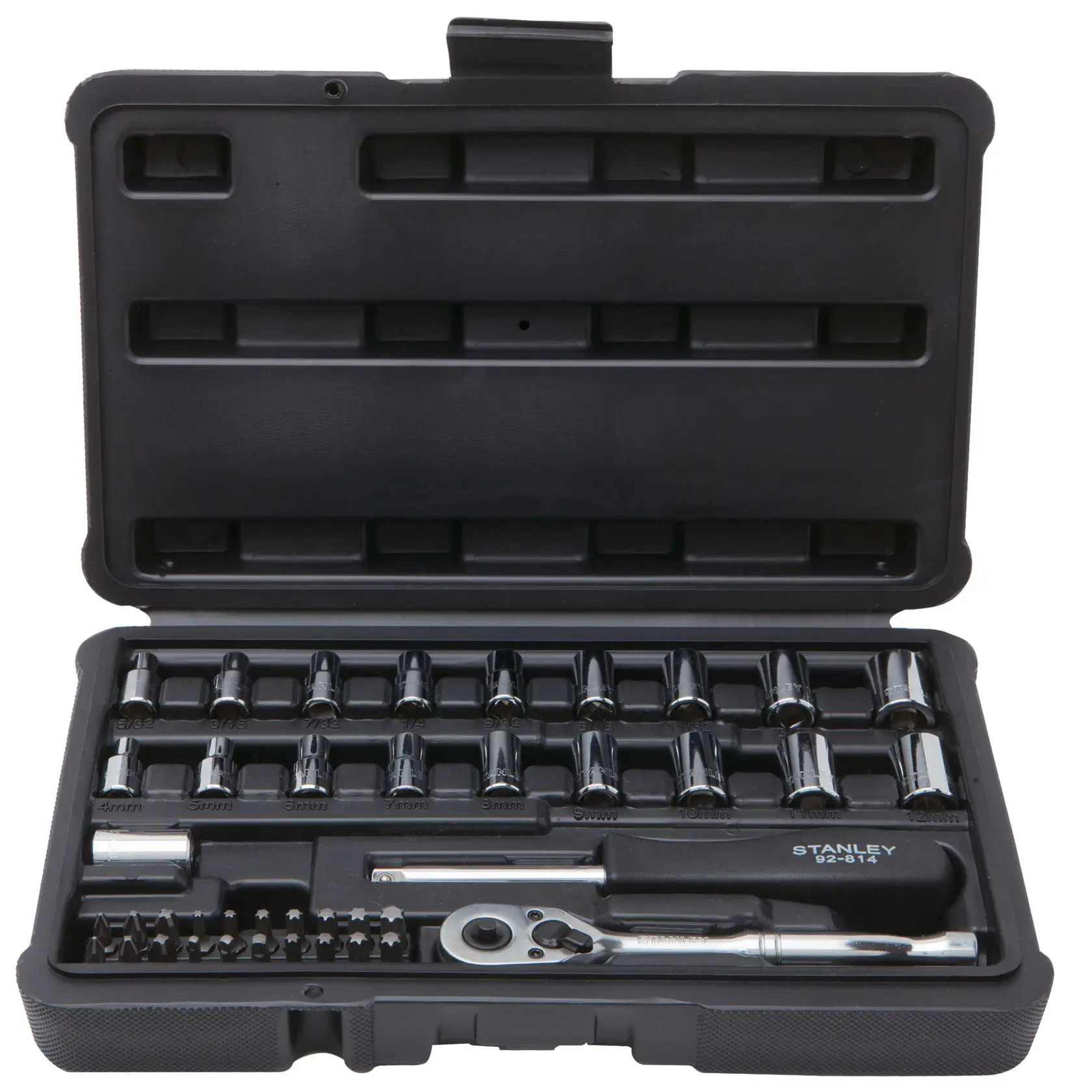 Stanley socket and ratchet set in black plastic case, front angle, multiple sockets and bits arranged inside