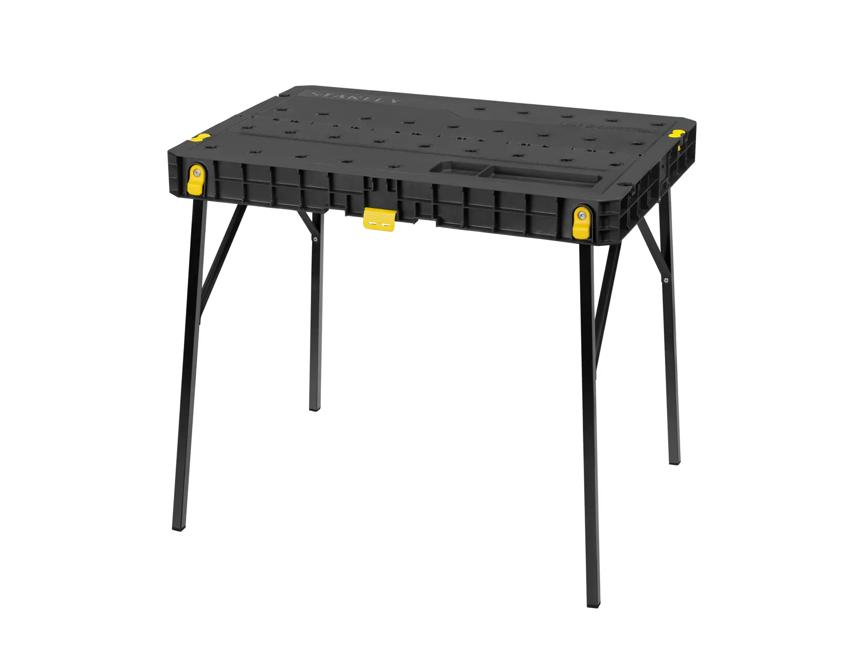 STANLEY STST11552 portable black workbench with foldable legs photographed from front angle on white background.