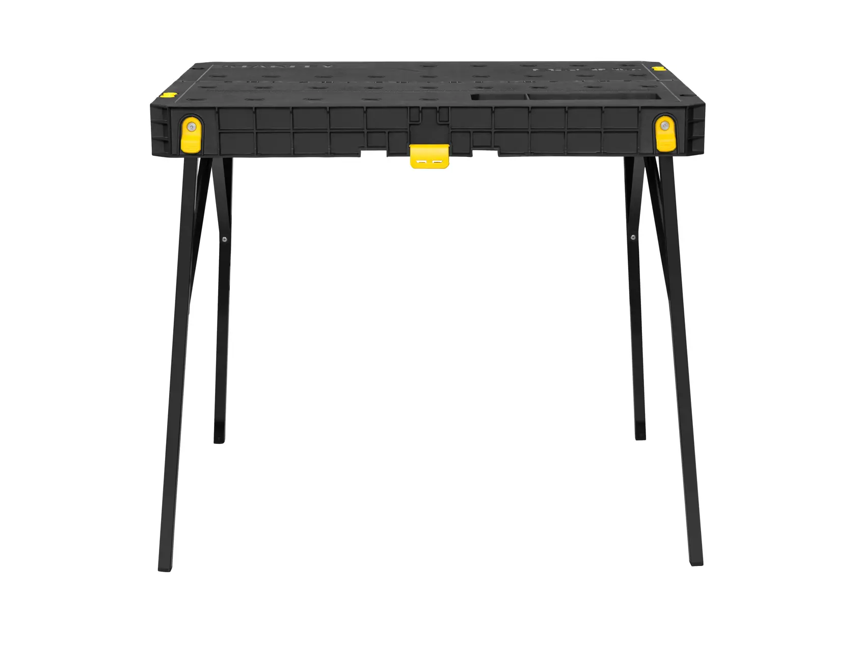 Stanley STST11552 black folding workbench with yellow accents, photography from front angle on white background.