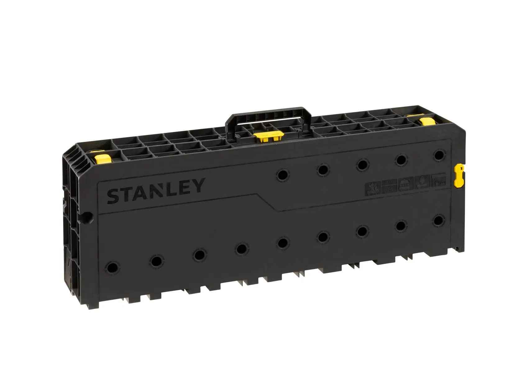 STANLEY STST11552 black plastic tool case with handle and yellow latches, front angle on white background.