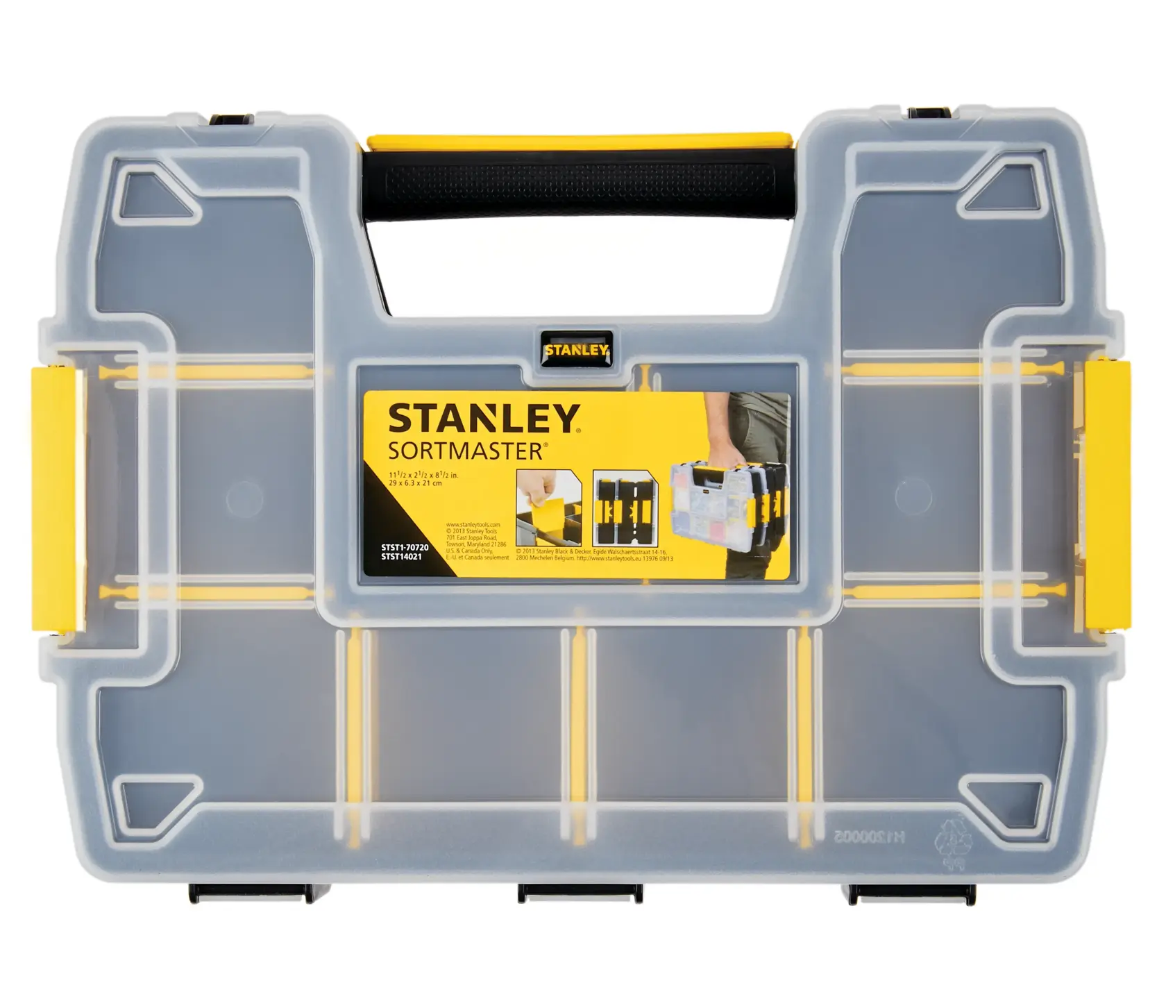 Stanley Sortmaster organizer, front angle, clear lid with yellow dividers and black handle on white background