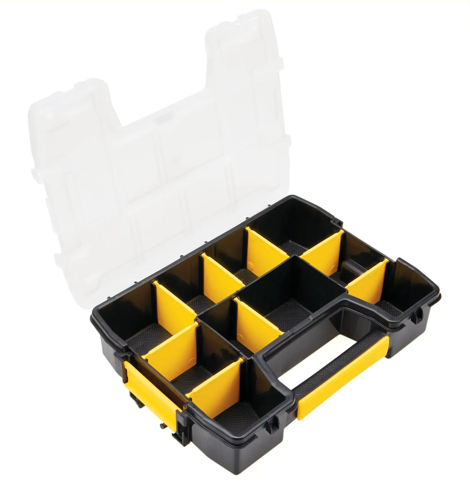 Stanley black and yellow plastic organizer box with removable dividers, open lid, front angle on white background