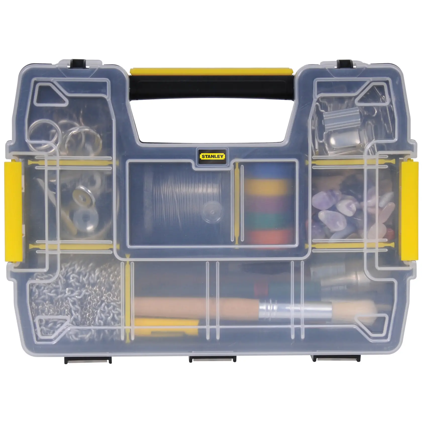 Front angle Stanley organizer box with transparent compartments holding craft supplies and accessories