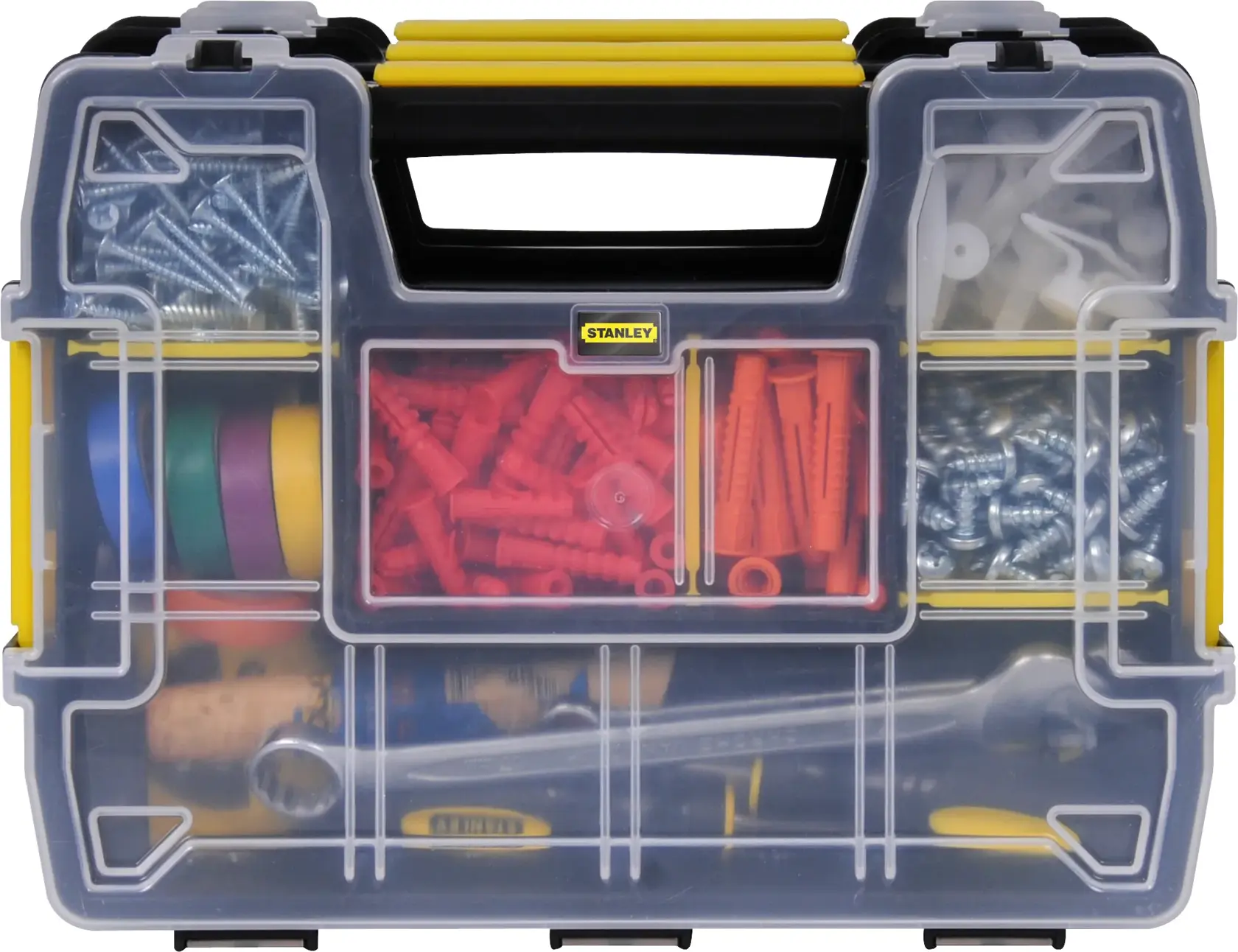 STANLEY STST14021 organizer case with assorted screws, anchors, tools and colored tape, front angle.