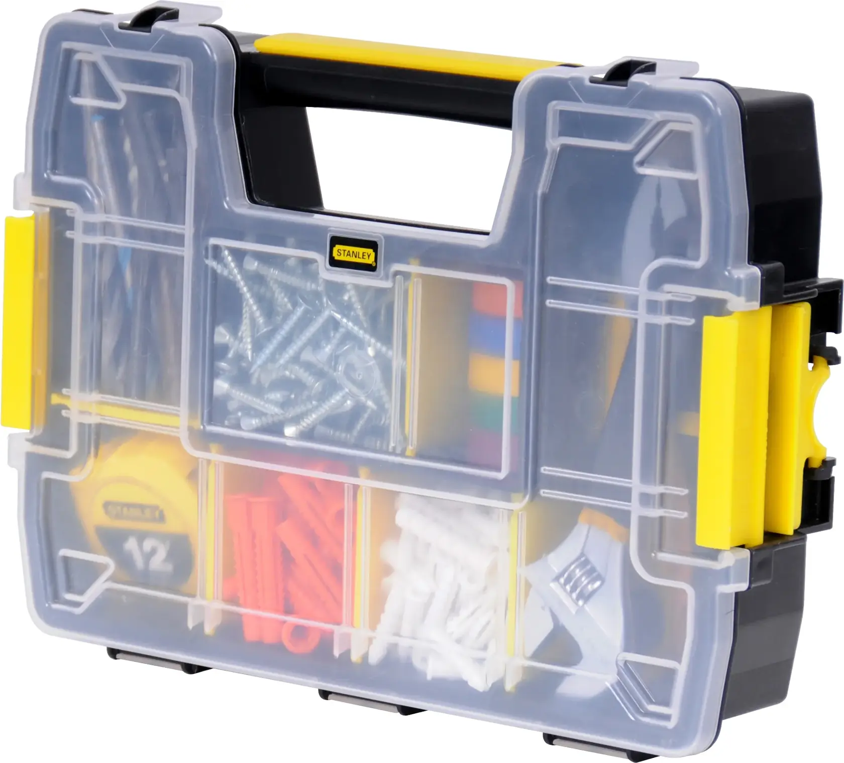 Stanley STST14021 organizer box with transparent lid and assorted tools and hardware, front angle.