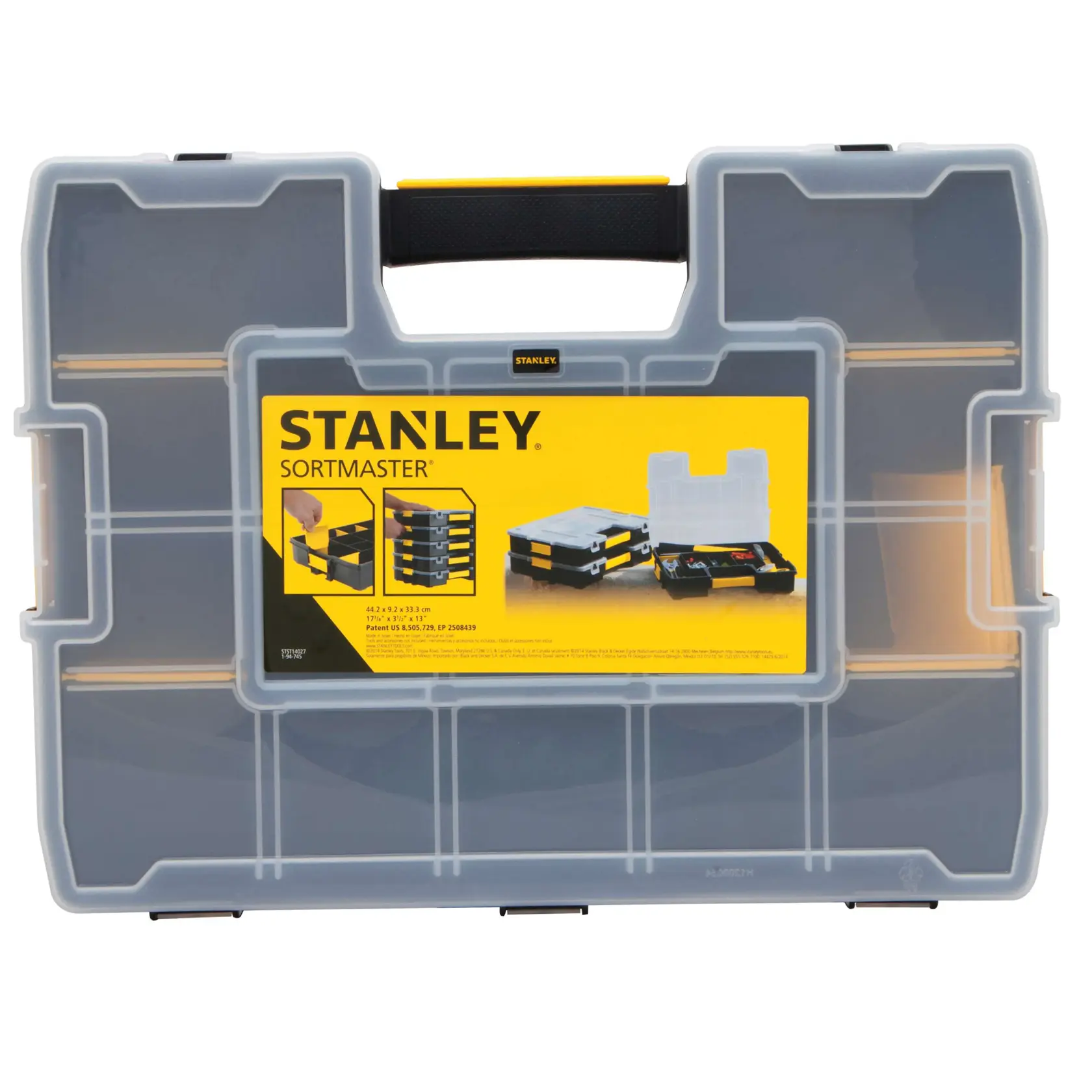 Front angle of STANLEY SortMaster organizer with clear lid, black base, and yellow accents, for tool and part storage